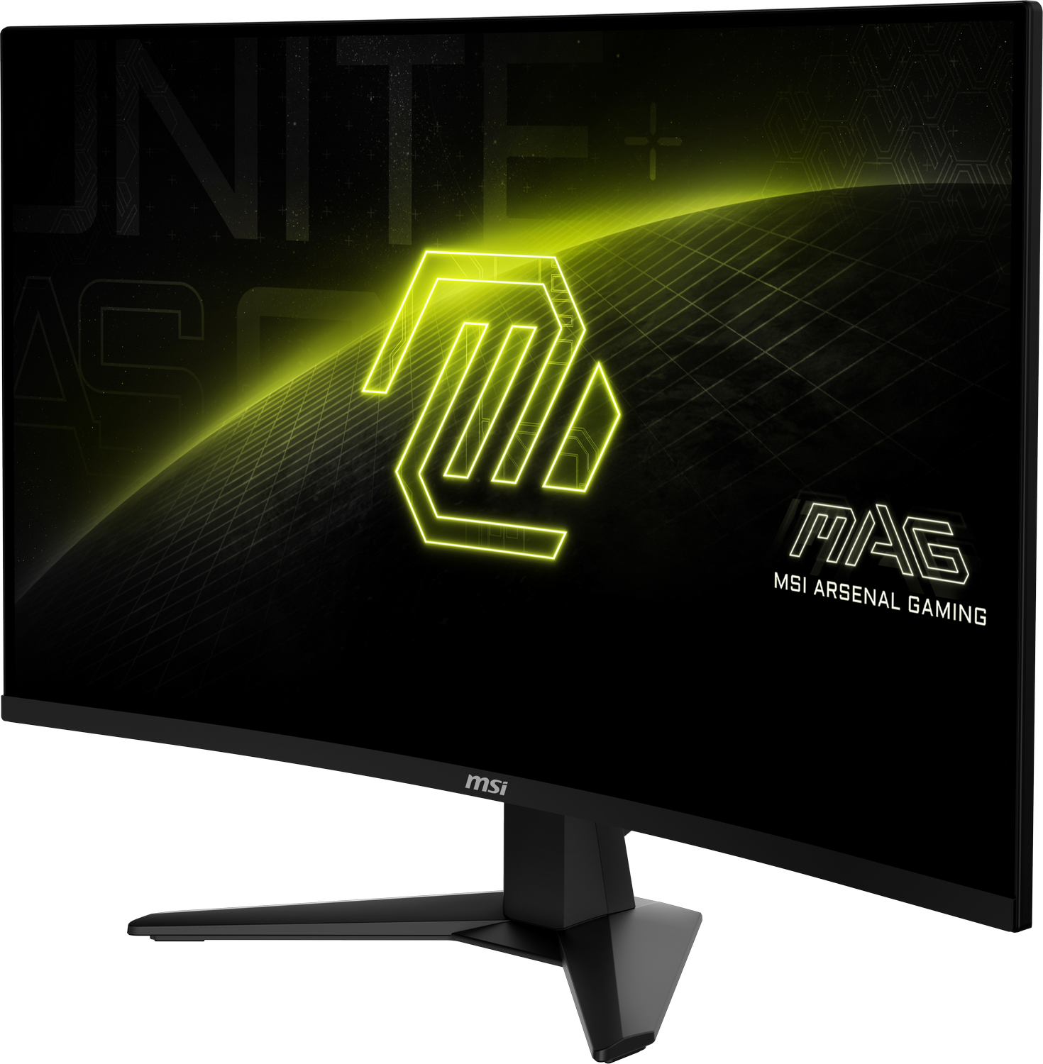 Monitor negro curvo con logo amarillo y texto 'MSI ARSENAL GAMING'.
