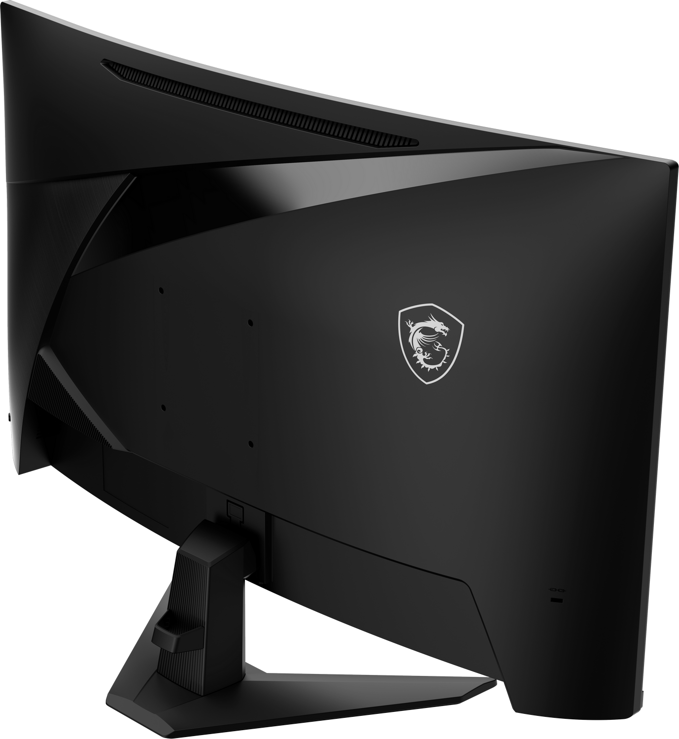Parte trasera de un monitor negro curvo con el logo de MSI y ranuras de ventilación.