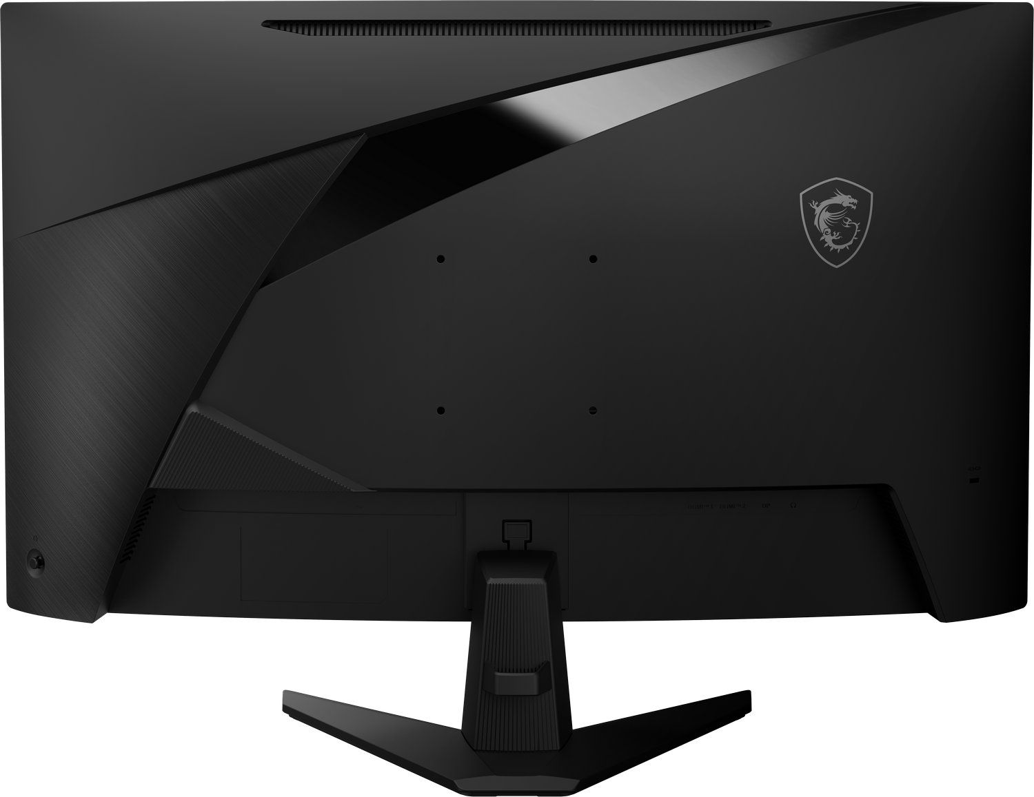 Parte trasera del monitor negro con logotipo y diseño en ángulo.
