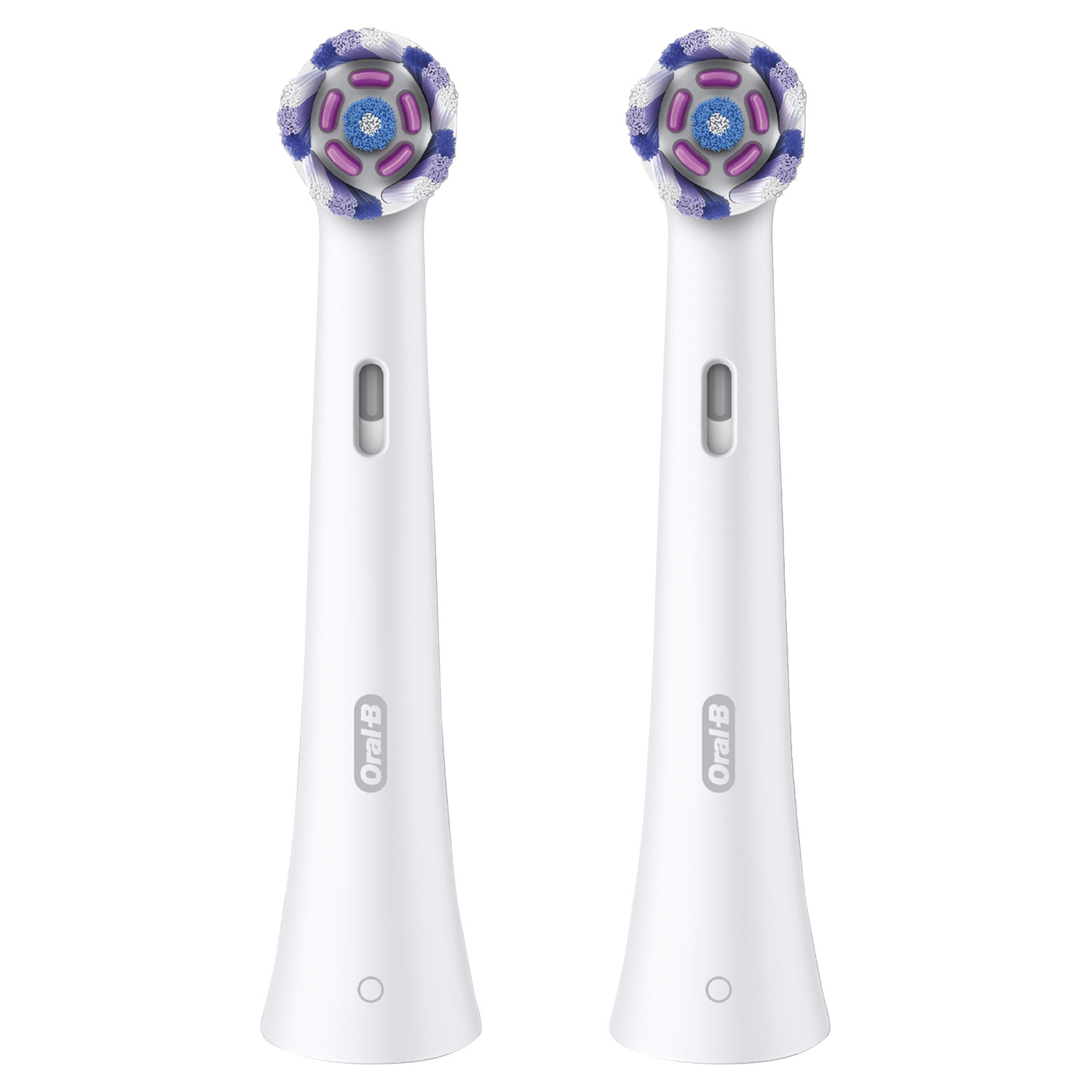 Two white Oral-B toothbrush heads with purple and blue bristles, on a white background.