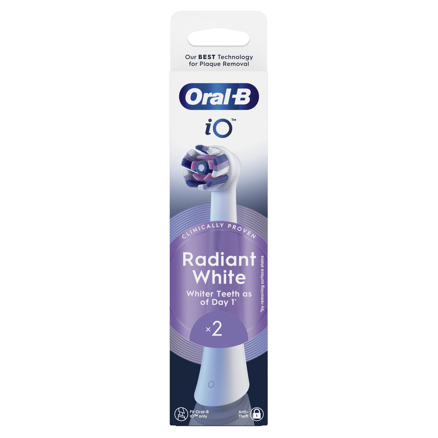 Toothbrush head packaging with text about whiter teeth and plaque removal.