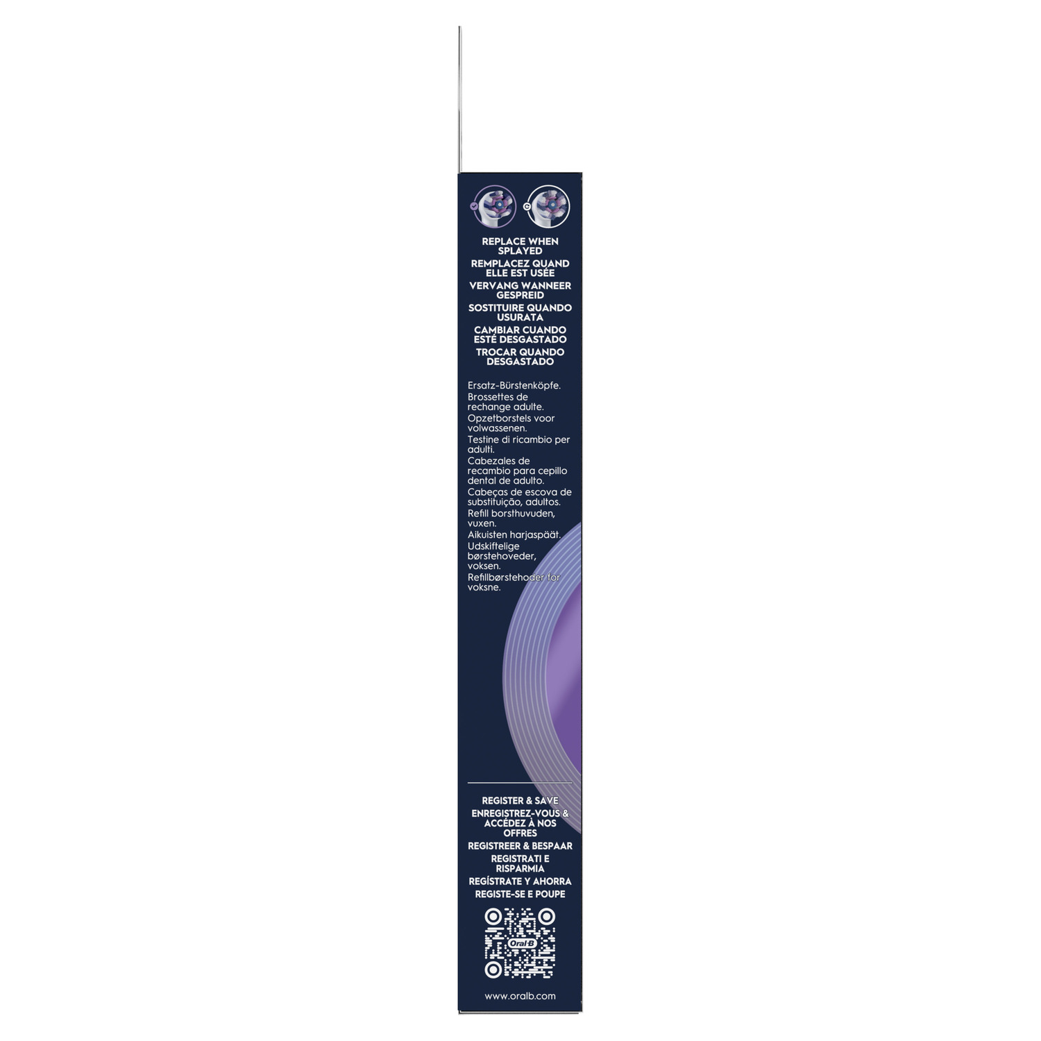 Packaging with text in multiple languages, promoting toothbrush replacement.