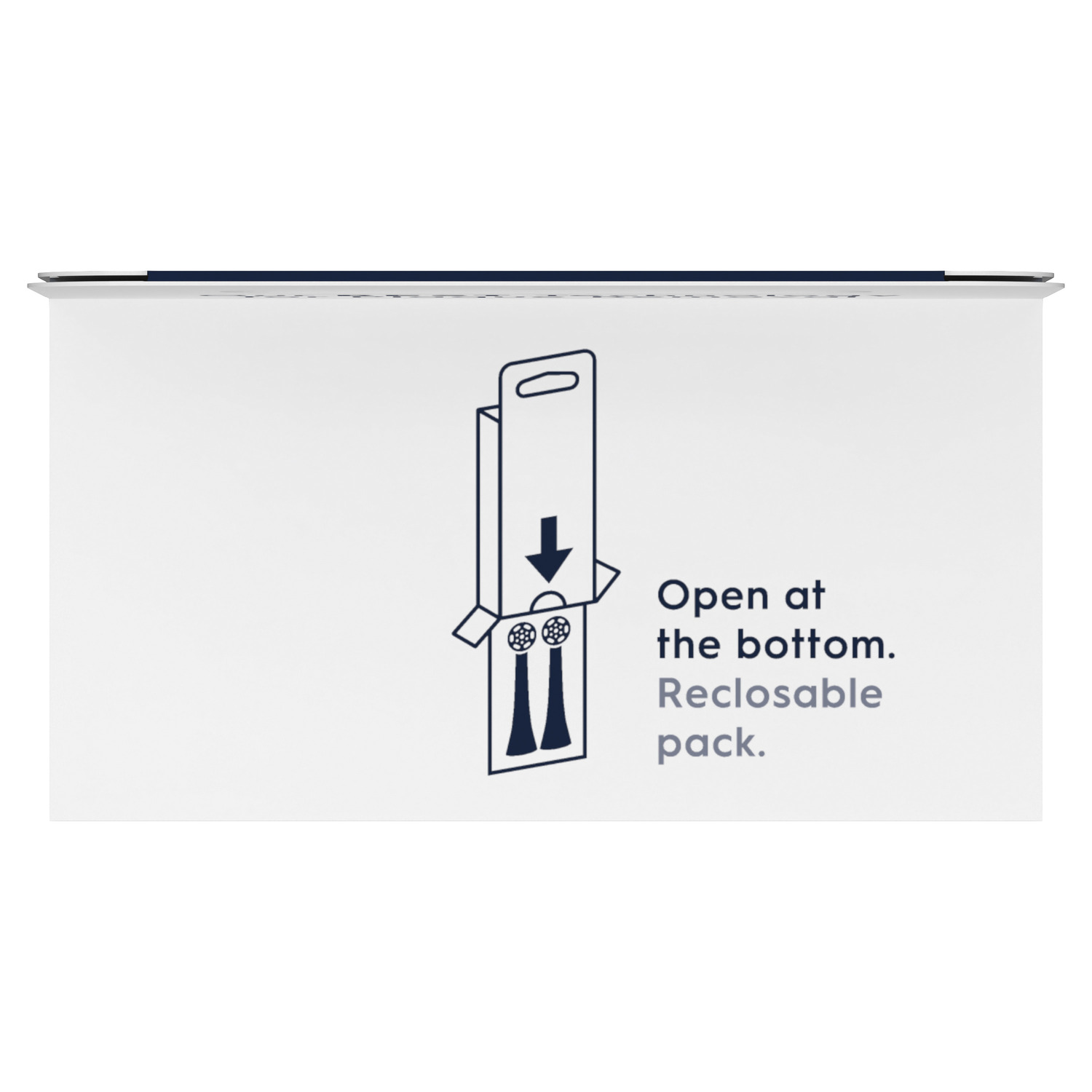 Toothbrush heads packaging with instructions: open at the bottom.