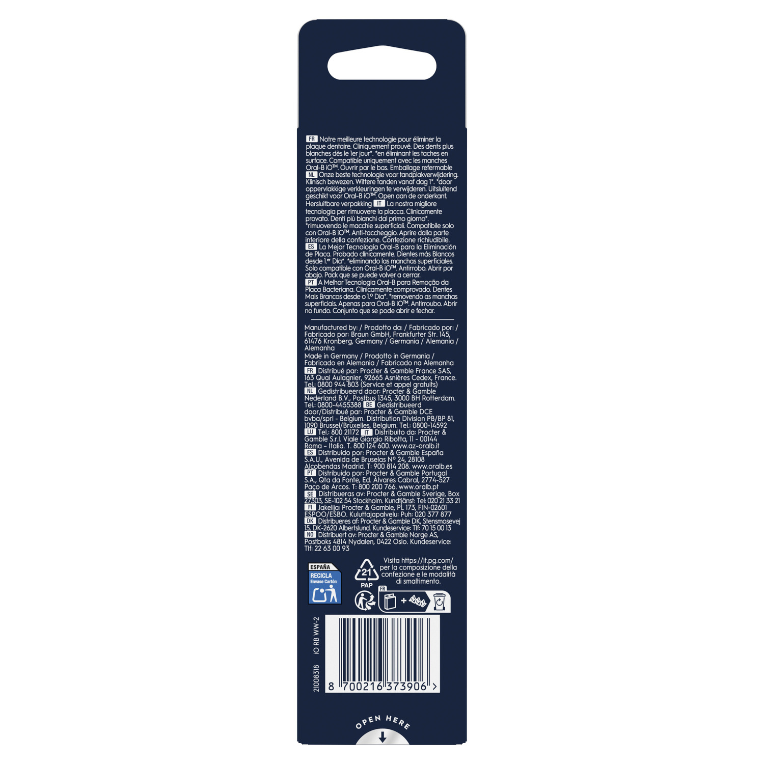 Packaging for toothbrush heads with text and barcode.