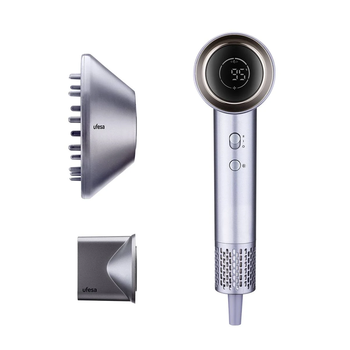 Secador de pelo Ufesa Non-Plasma Luxe plateado y accesorios, incluidas boquillas.