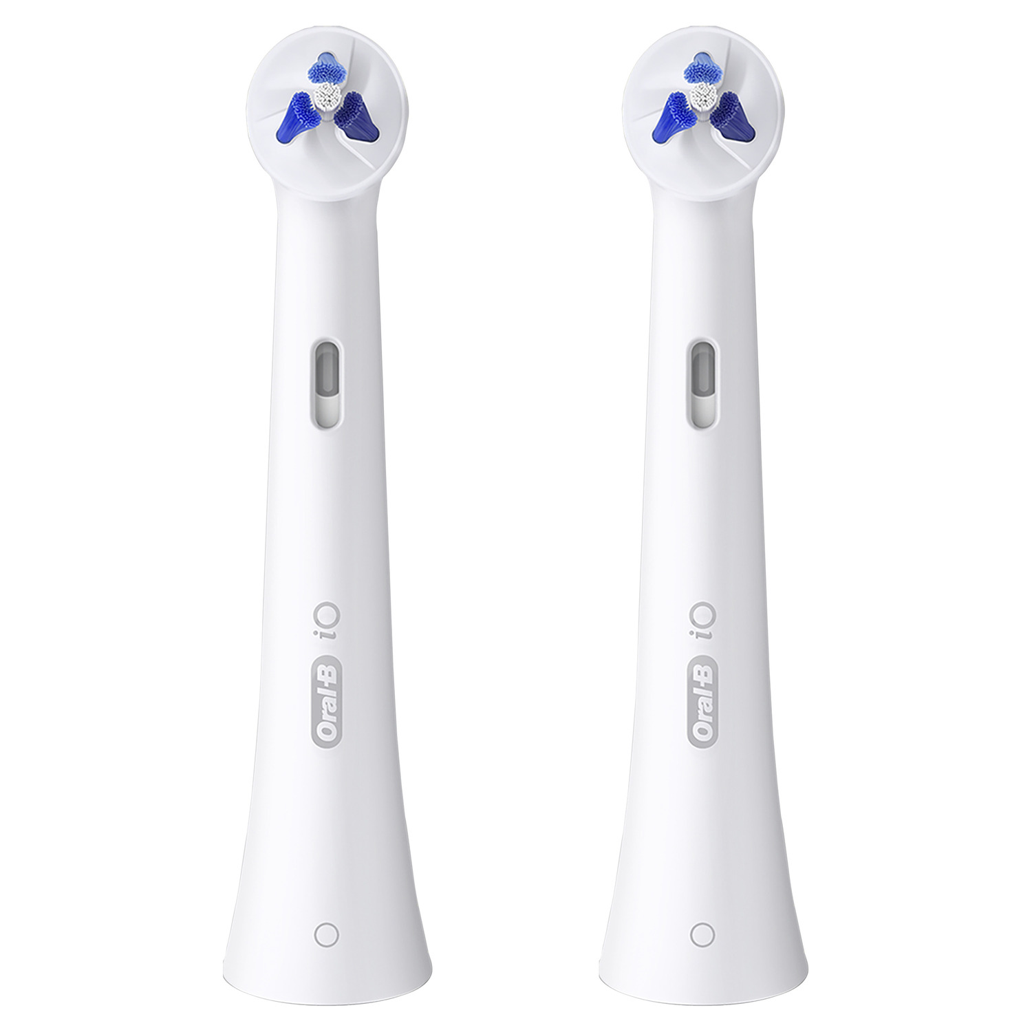 Deux têtes de brosse à dents Oral-B iO blanches.