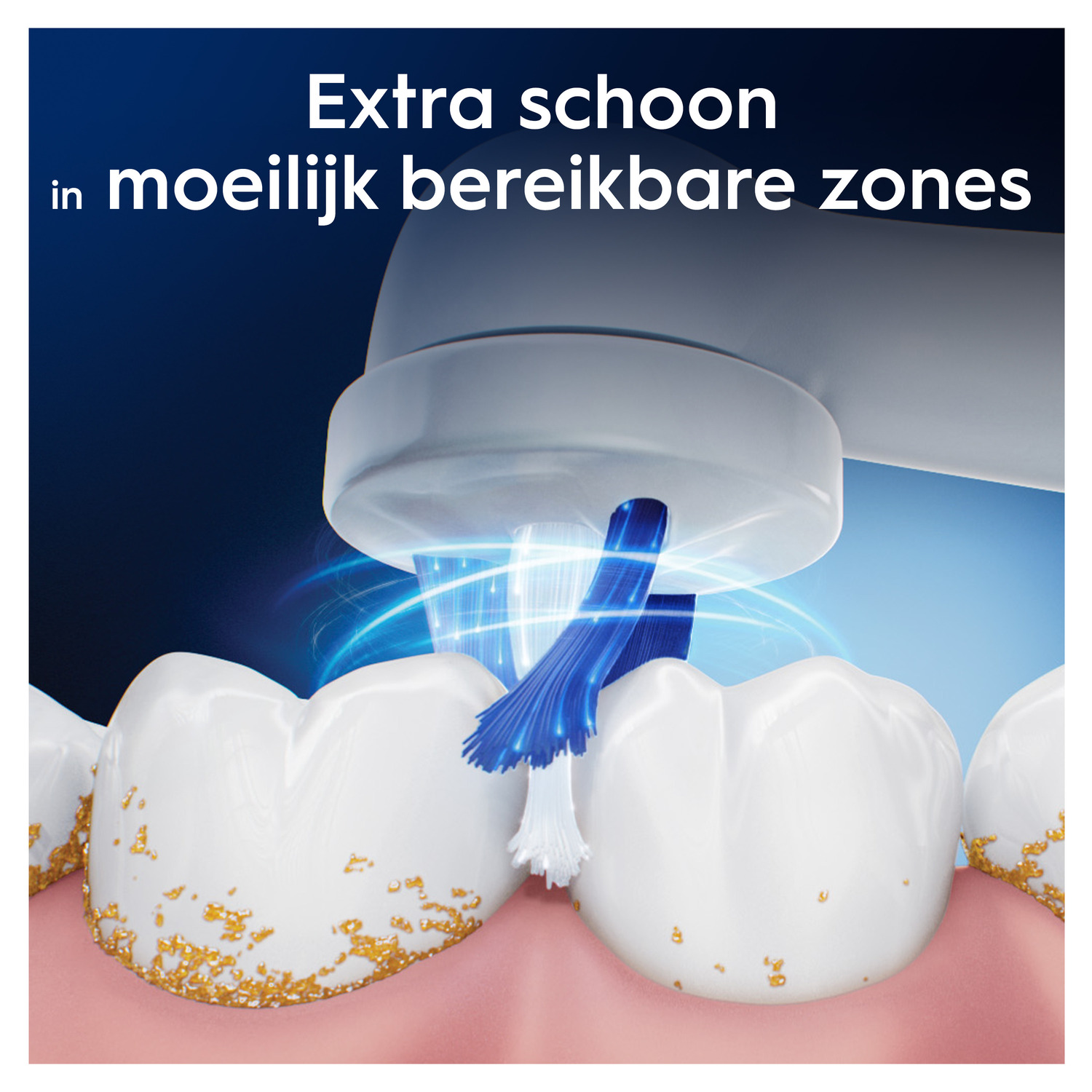 Tandenborstel die tanden reinigt, toont extra schoon in moeilijk bereikbare zones.