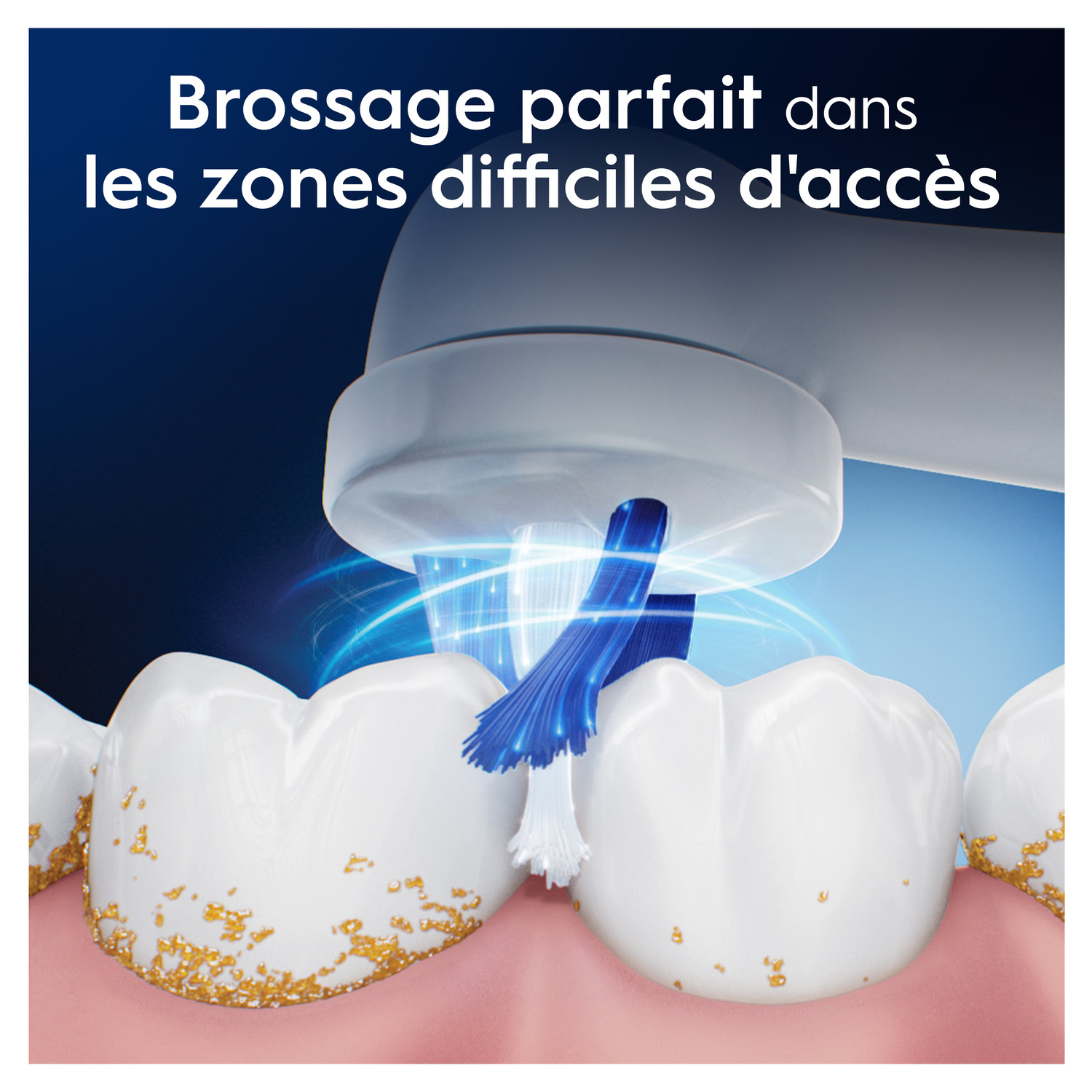 Brosse à dents nettoyant les dents, avec lumière bleue et soies blanches, atteignant les zones difficiles.