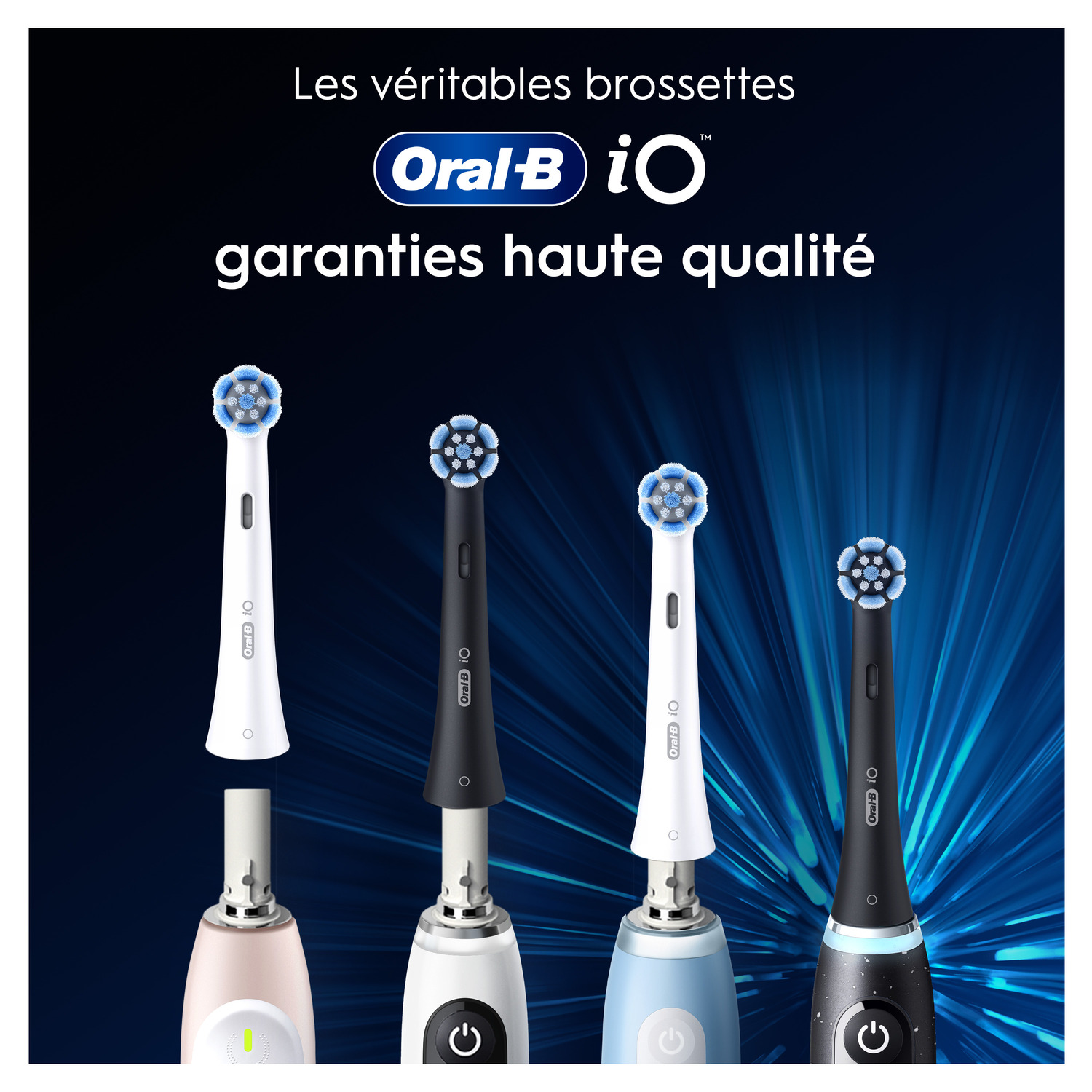 Plusieurs têtes de brosse à dents Oral-B IO de différentes couleurs sur fond bleu foncé avec du texte.