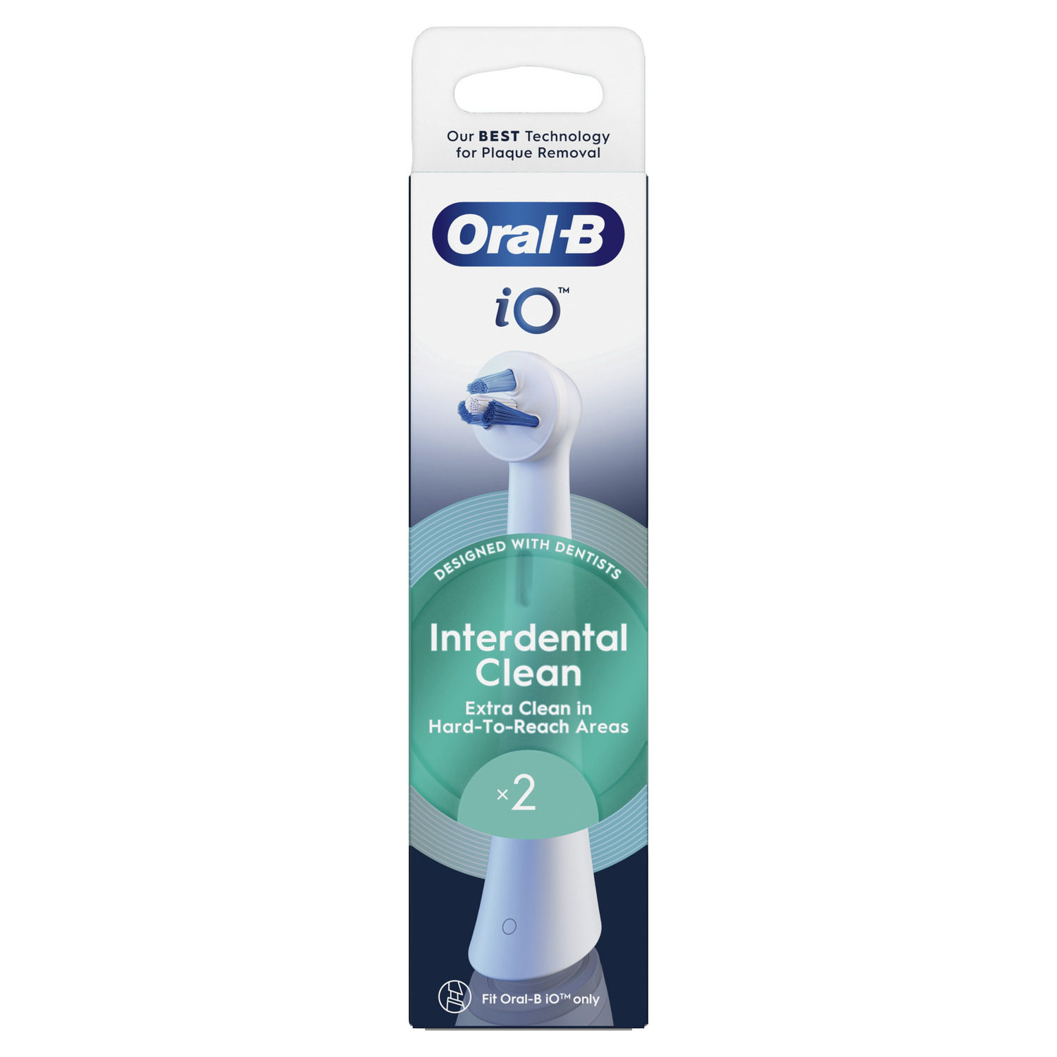 Emballage des têtes de brosse à dents Oral-B IO, avec la version Interdental Clean visible.