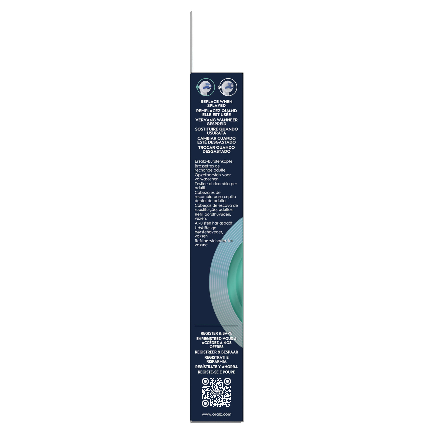 Emballage des têtes de brosse à dents Oral-B IO, avec des instructions en plusieurs langues.