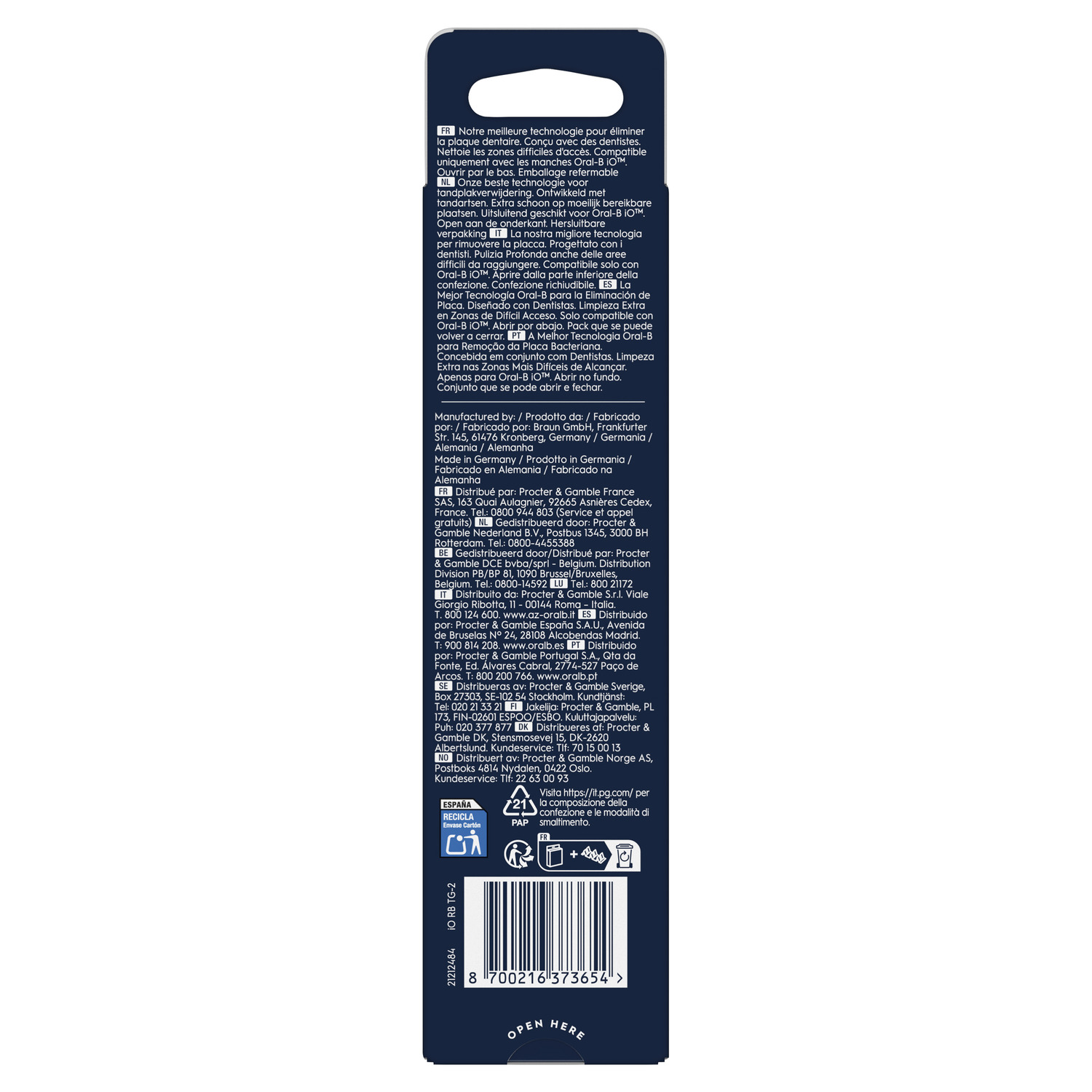 Dos de l'emballage des têtes de brosse à dents Oral-B IO, avec texte et informations.