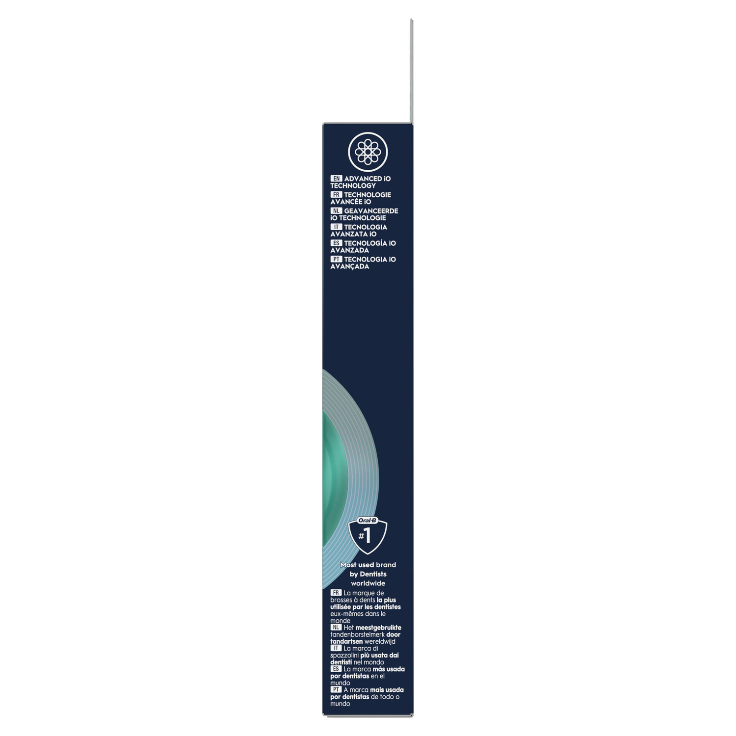 Emballage des têtes de brosse à dents Oral-B IO. Montre la technologie avancée et les informations sur la marque.