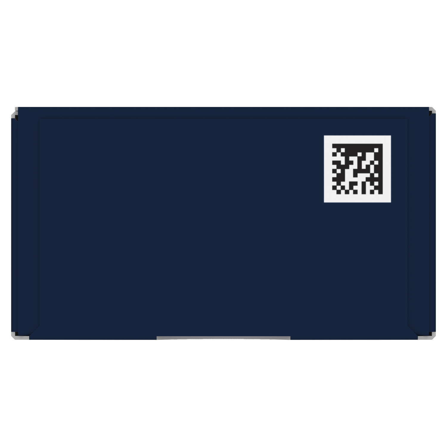 Une boîte bleu foncé unie, avec un code QR dans le coin supérieur droit.