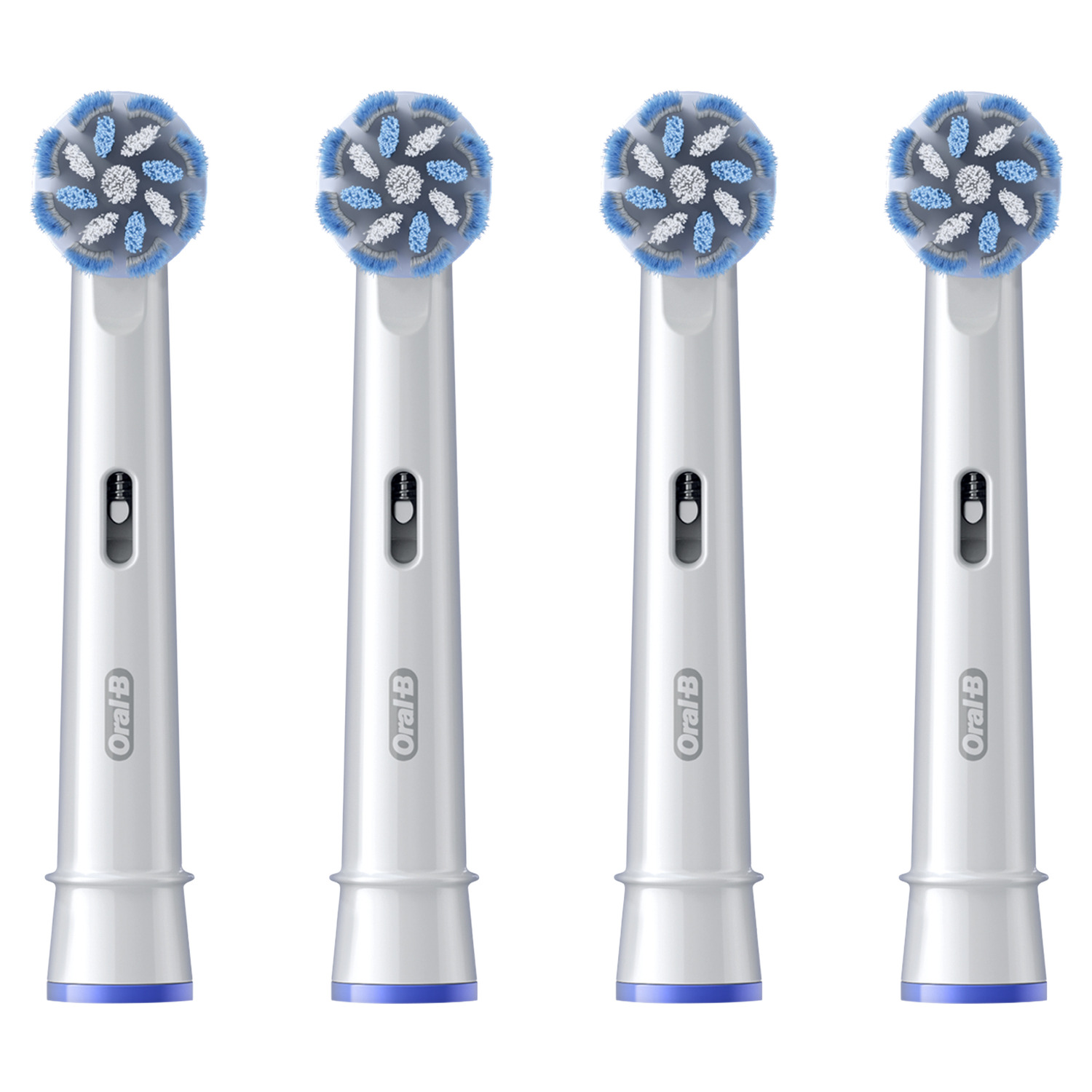 Quatre têtes de brosse à dents Oral-B blanches et grises avec des soies bleues, sur fond blanc.