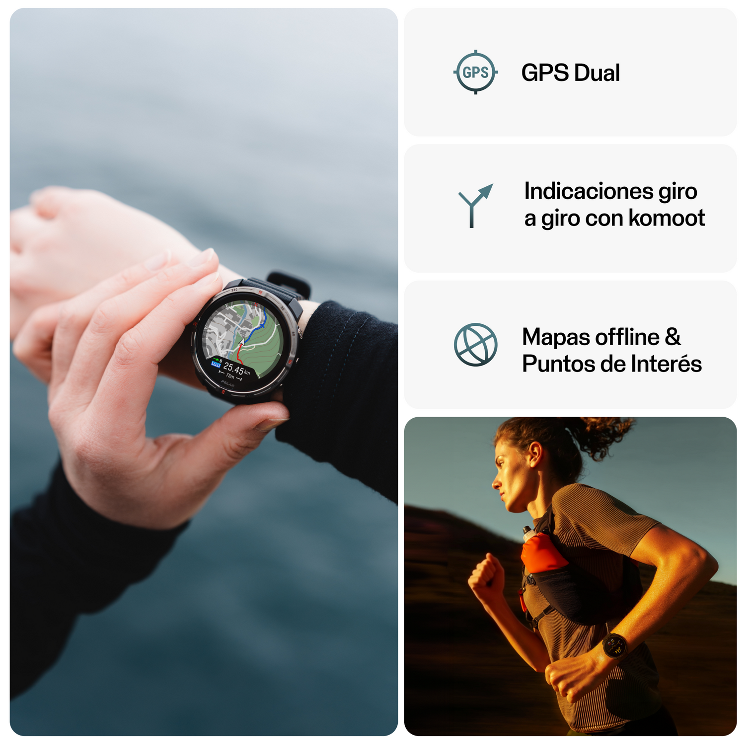 Una persona usando un reloj. El reloj muestra un mapa y datos. Otras imágenes muestran las funciones del reloj.
