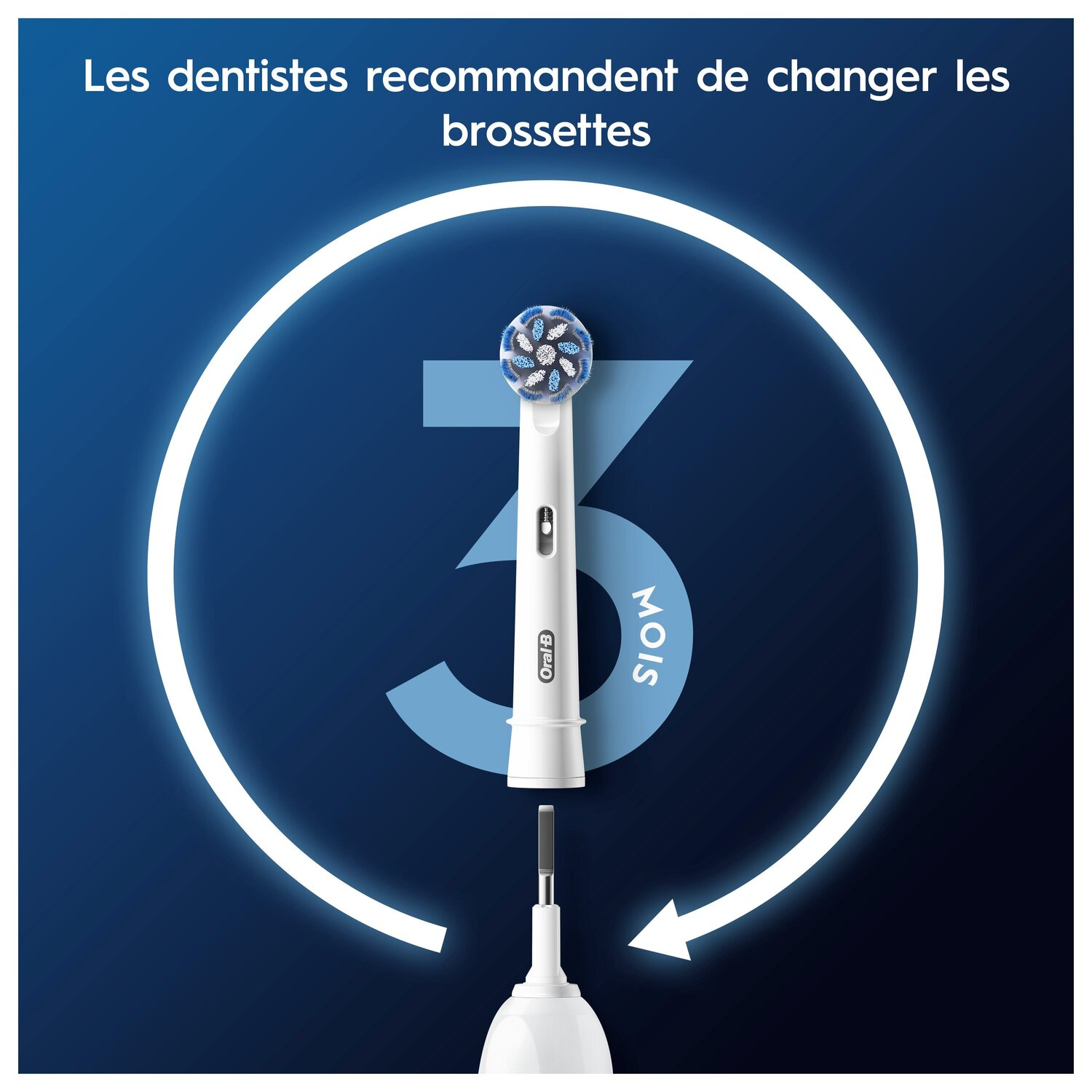 Tête de brosse à dents avec des soies bleues. Le texte indique un cycle de 3 mois pour changer la tête de brosse.