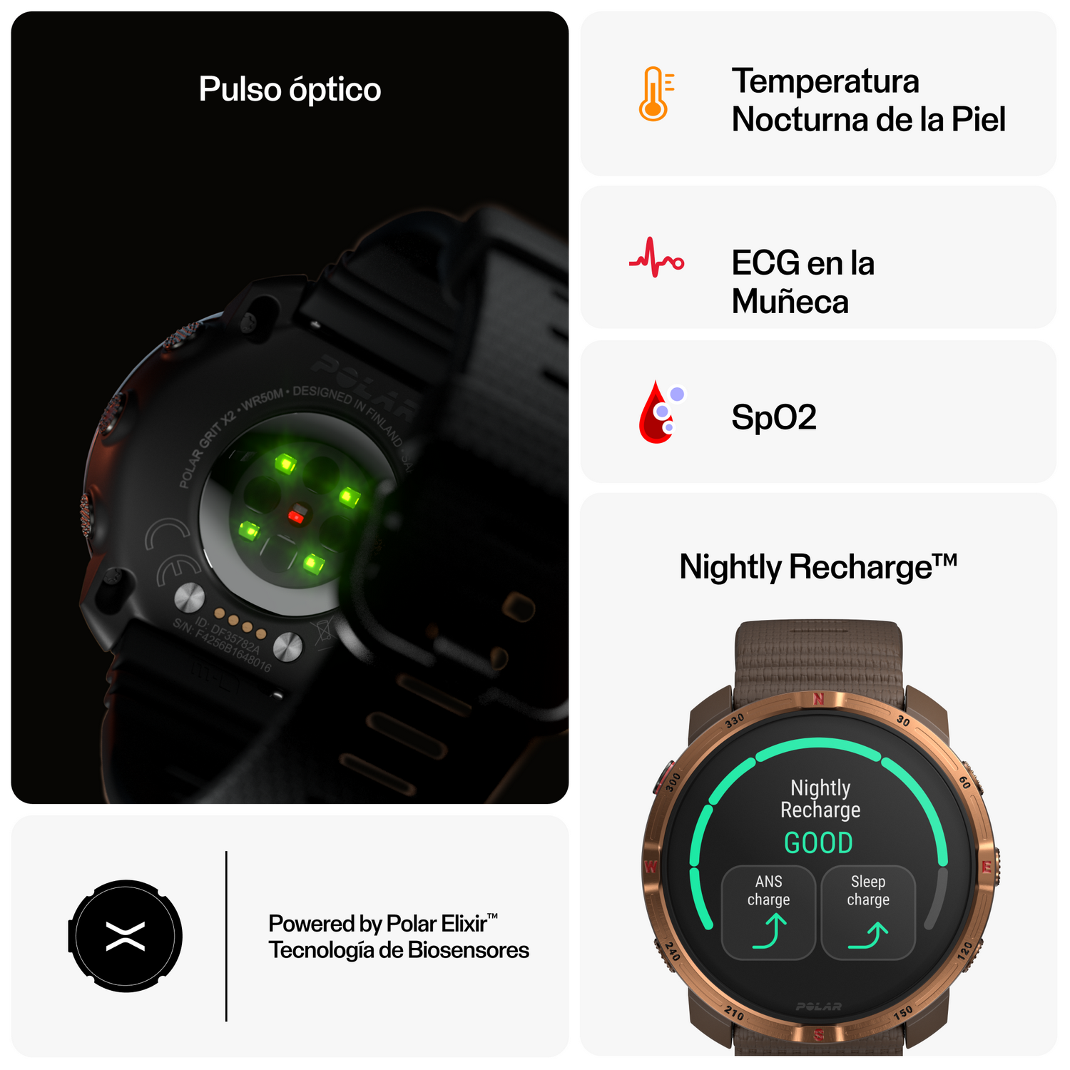 Primer plano del reloj. El reloj muestra métricas de salud como frecuencia cardíaca, SpO2 y temperatura de la piel.