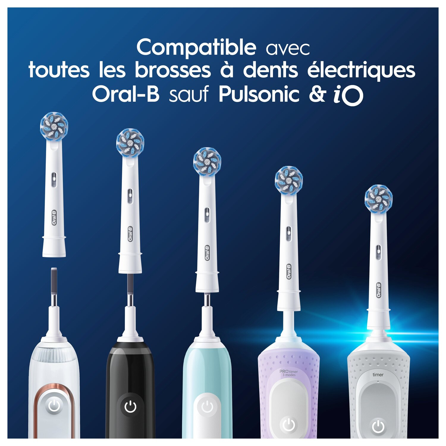 Manches et têtes de brosse à dents. Texte : Compatible avec toutes les brosses à dents électriques Oral-B, sauf Pulsionic & iO.