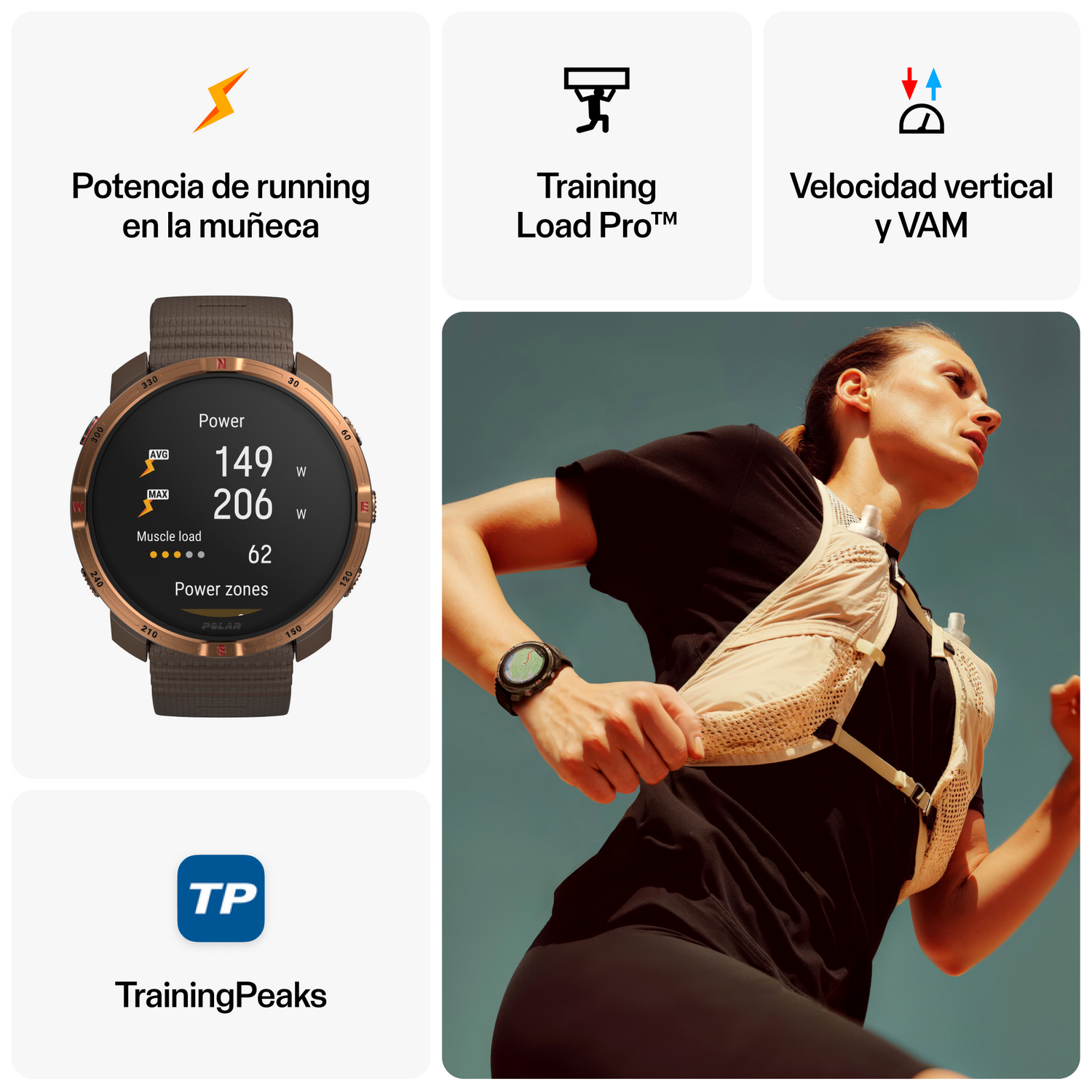 Una persona usando un reloj. El reloj muestra zonas de potencia y datos de entrenamiento. Texto: Potencia de carrera en la muñeca.