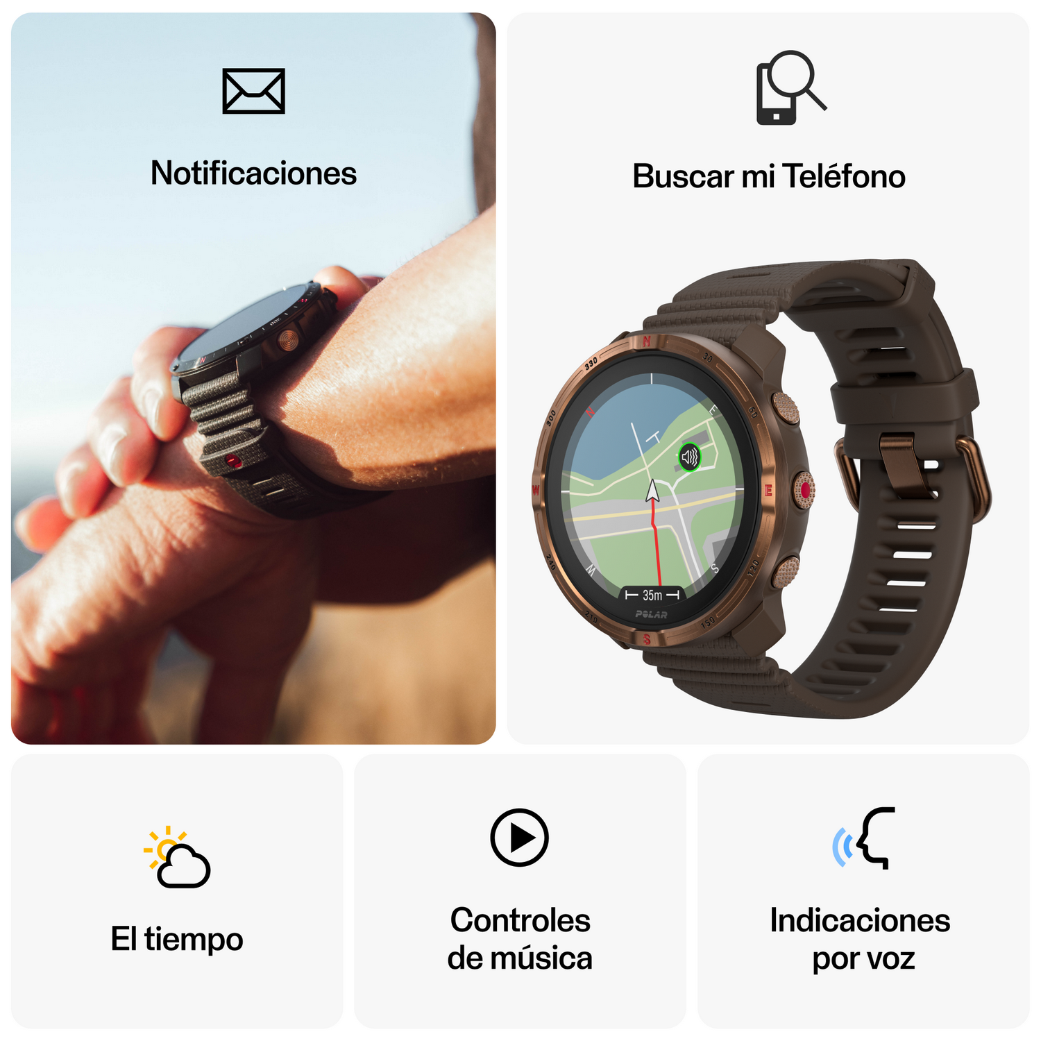Una persona lleva un reloj. El reloj muestra notificaciones, controles de música, la hora y un mapa.
