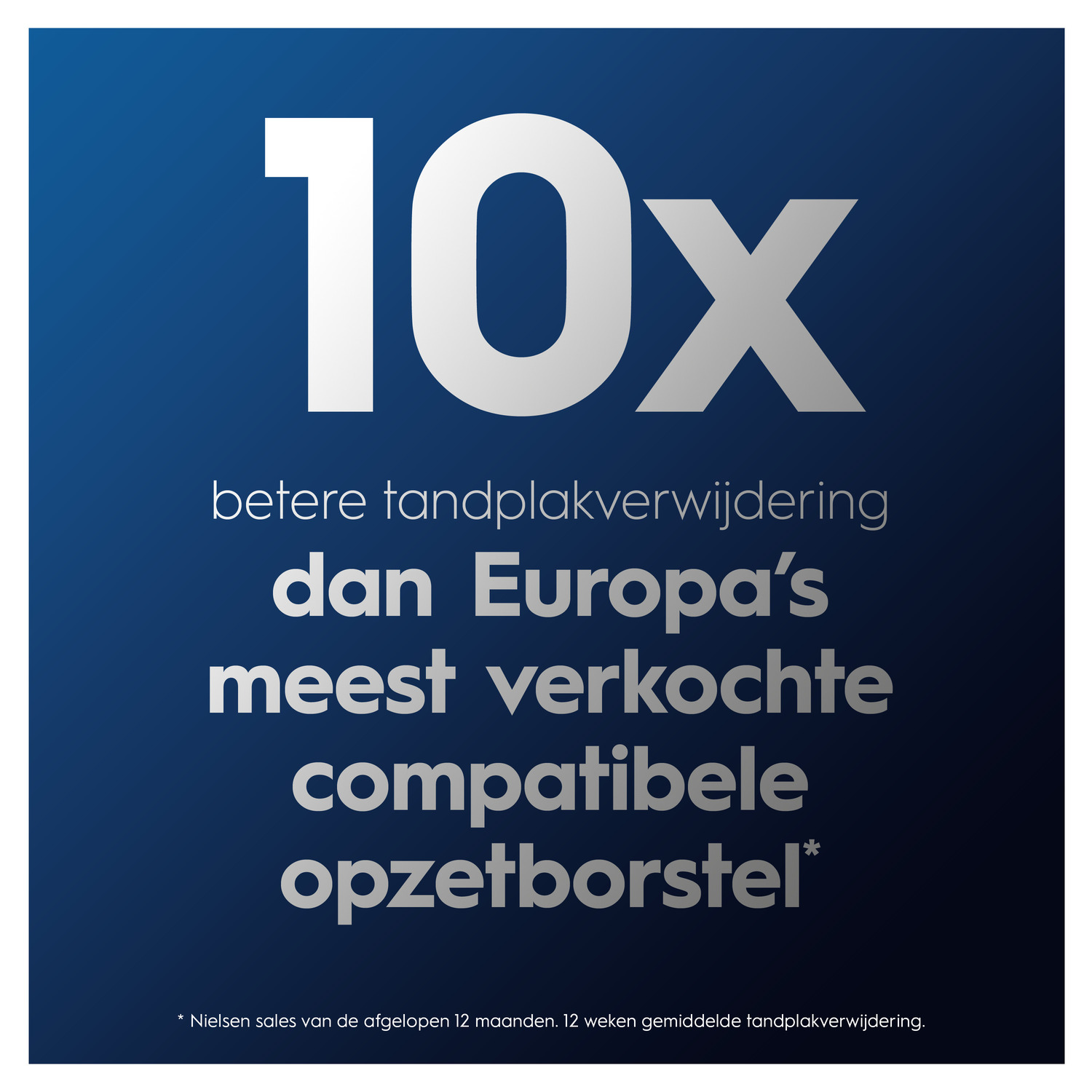 Grote tekst '10x' en tekst eronder die betere tandplakverwijdering aangeeft in vergelijking met een toonaangevende borstel.