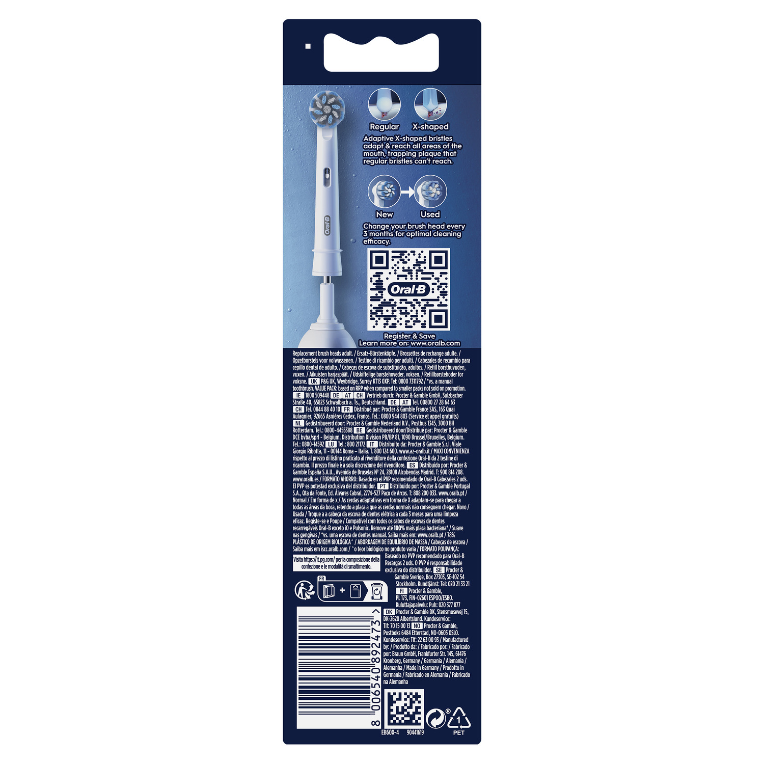 Dos d'un emballage de brosse à dents montrant les caractéristiques de la tête de brosse à dents et un code QR pour plus d'informations.