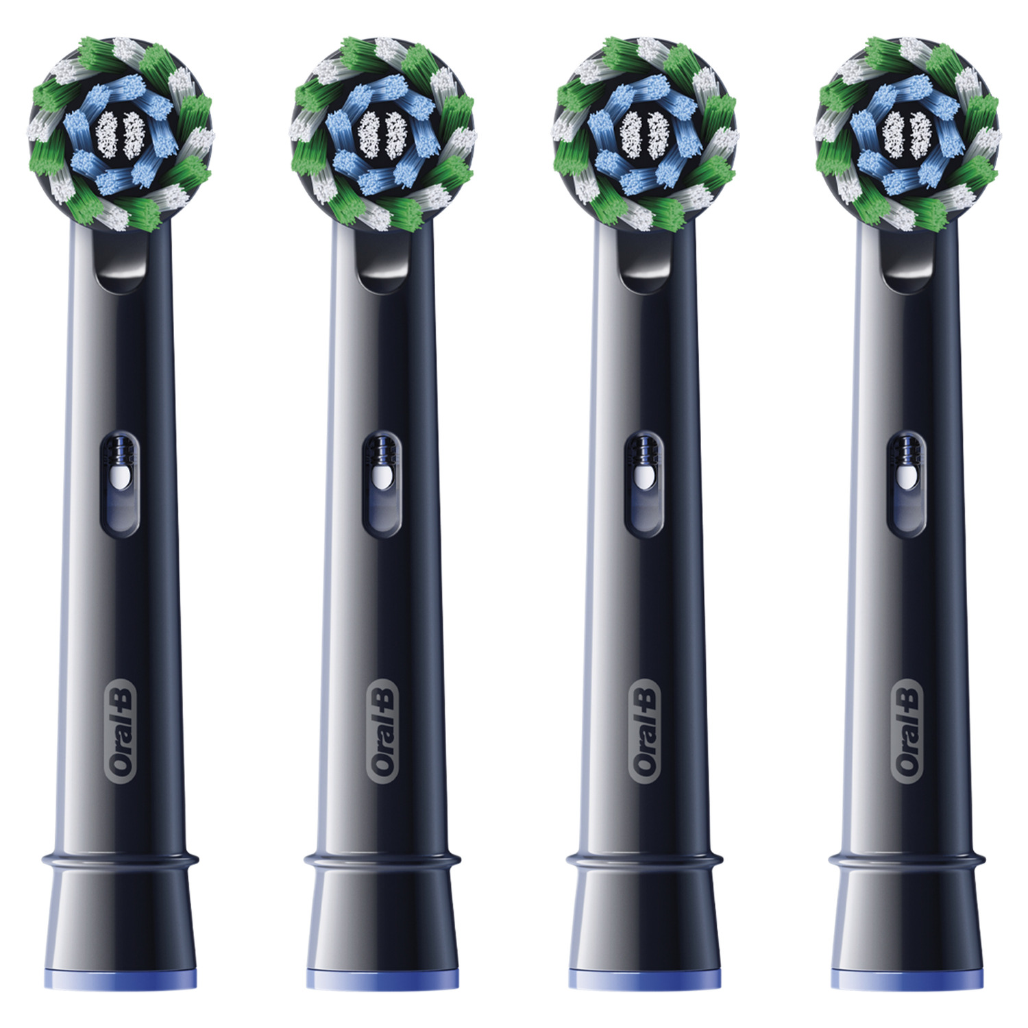 Quatre têtes de brosse à dents noires avec des soies de différentes couleurs. Chacune porte le logo Oral-B.