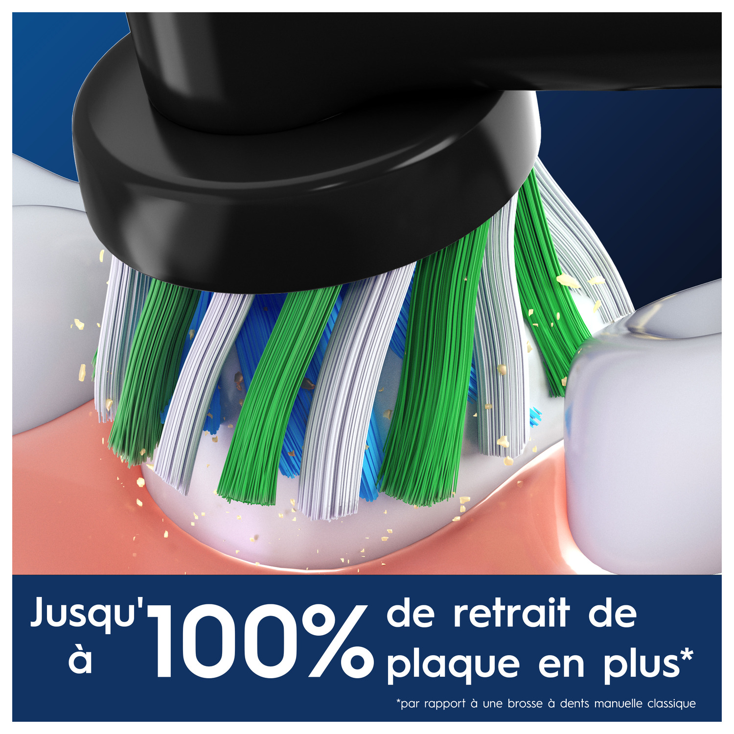 Gros plan d'une tête de brosse à dents nettoyant les dents, avec un texte indiquant 100% d'élimination de la plaque.