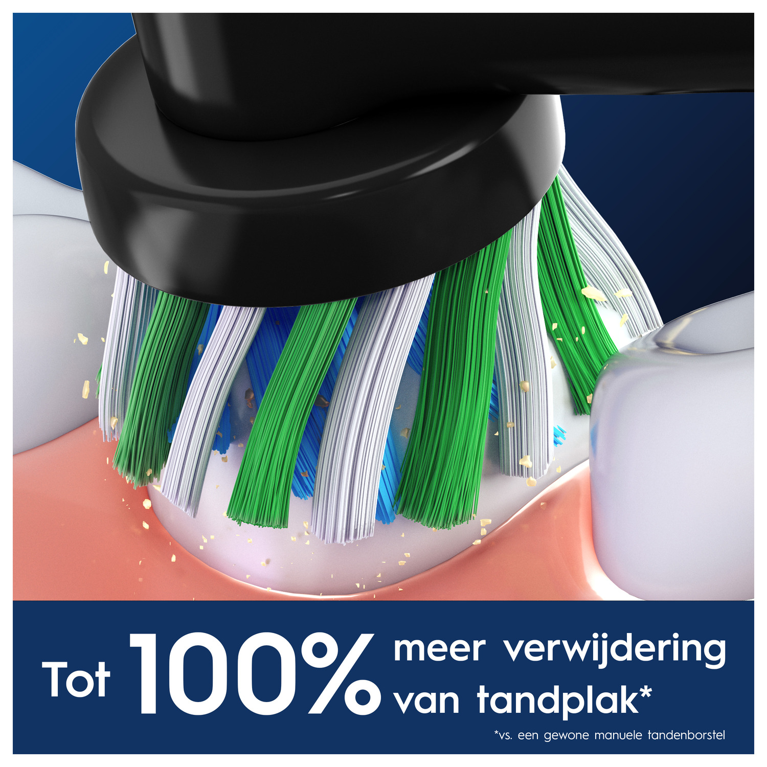 Toothbrush bristles cleaning teeth. Text: Up to 100% more plaque removal.