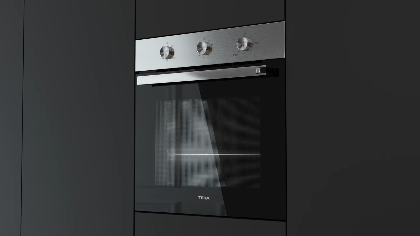 Horno empotrado en gabinetes gris oscuro. Panel de control de acero inoxidable con perillas.