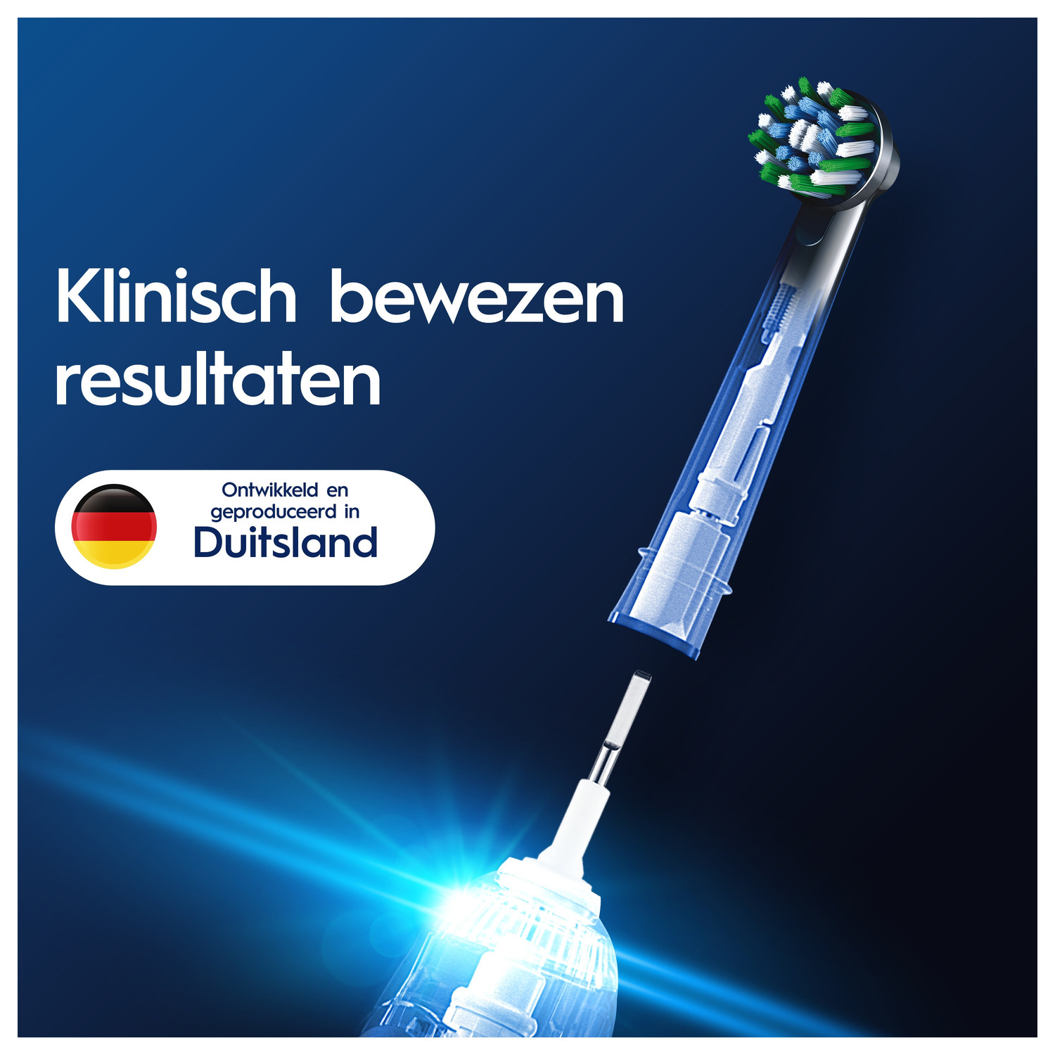 Electric toothbrush with transparent details. Text: Clinically proven results. Made in Germany.