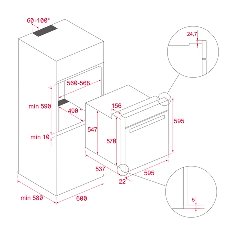 Dibujo técnico de un horno, mostrando las dimensiones en mm.
