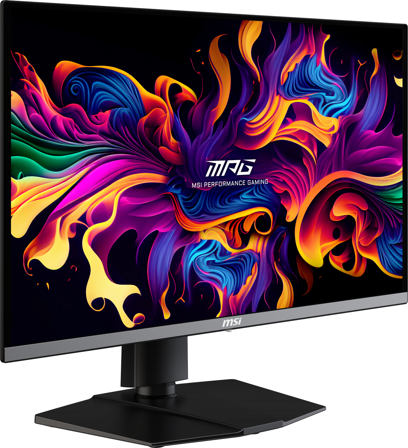 Monitor MSI que muestra un diseño abstracto colorido con el logotipo MSI MPG.