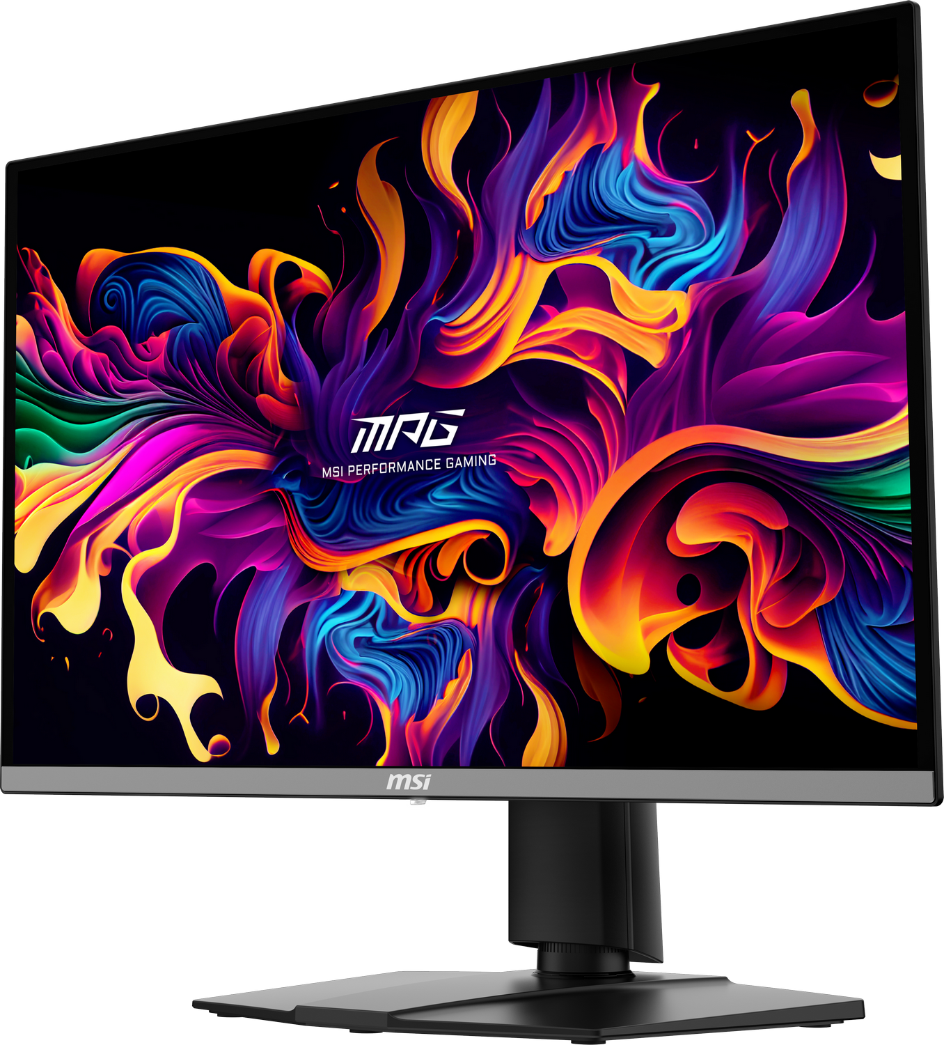 Monitor gaming MSI que muestra un diseño abstracto vibrante con el logo MSI MPG.