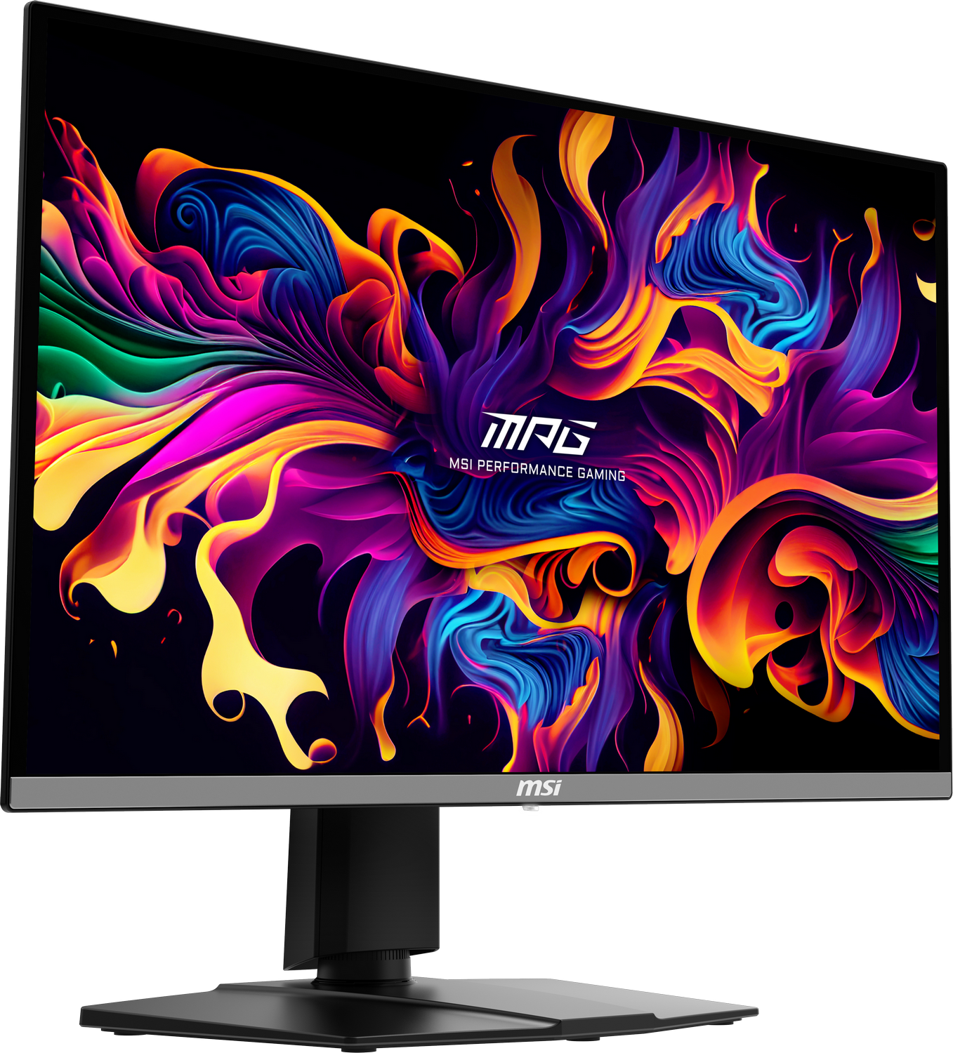 Monitor MSI que muestra un diseño abstracto colorido con el logotipo MSI MPG, vista en ángulo.