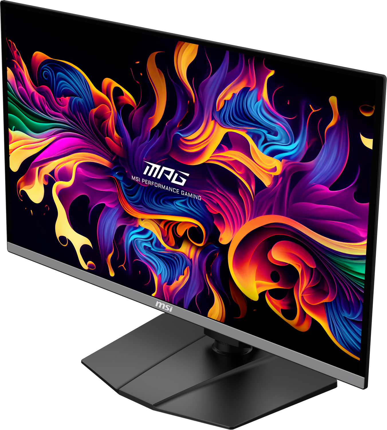 Monitor MSI con un gráfico abstracto colorido, vista en ángulo, mostrando el logo MSI MPG.