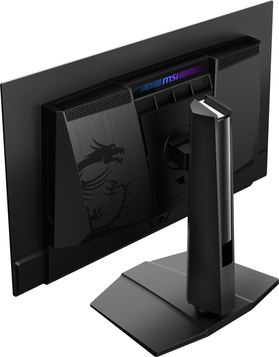 Parte trasera de un monitor gaming. El logo del dragón es visible y el soporte es negro.