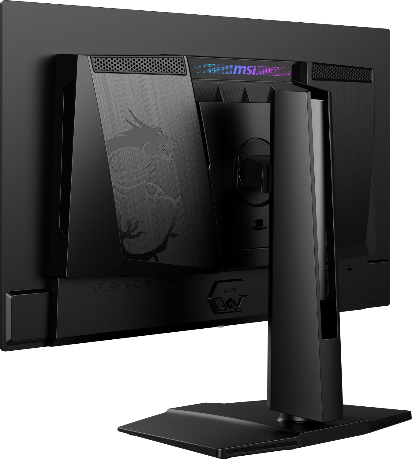 Parte trasera del monitor MSI, negro, con logo de dragón. Soporte y base negros.