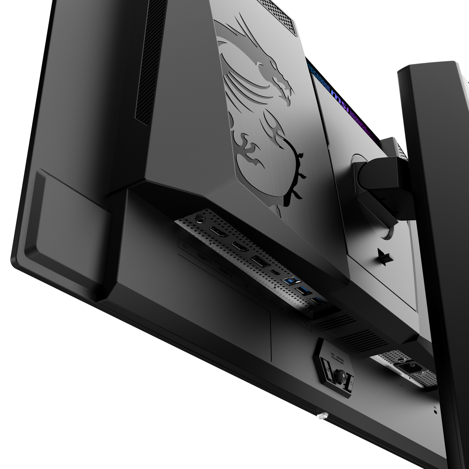 Parte trasera del monitor MSI, negro, con logo de dragón. Soporte y base negros.