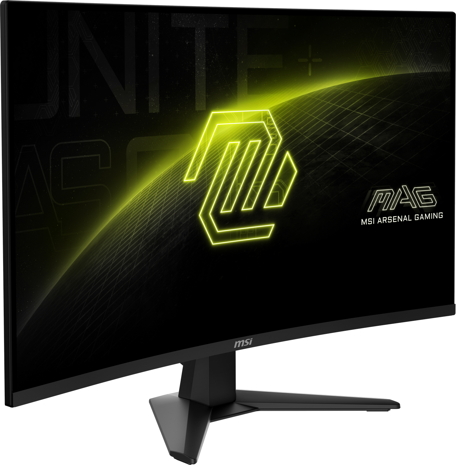 Monitor MSI con diseño geométrico amarillo. Base negra. Pantalla curva.