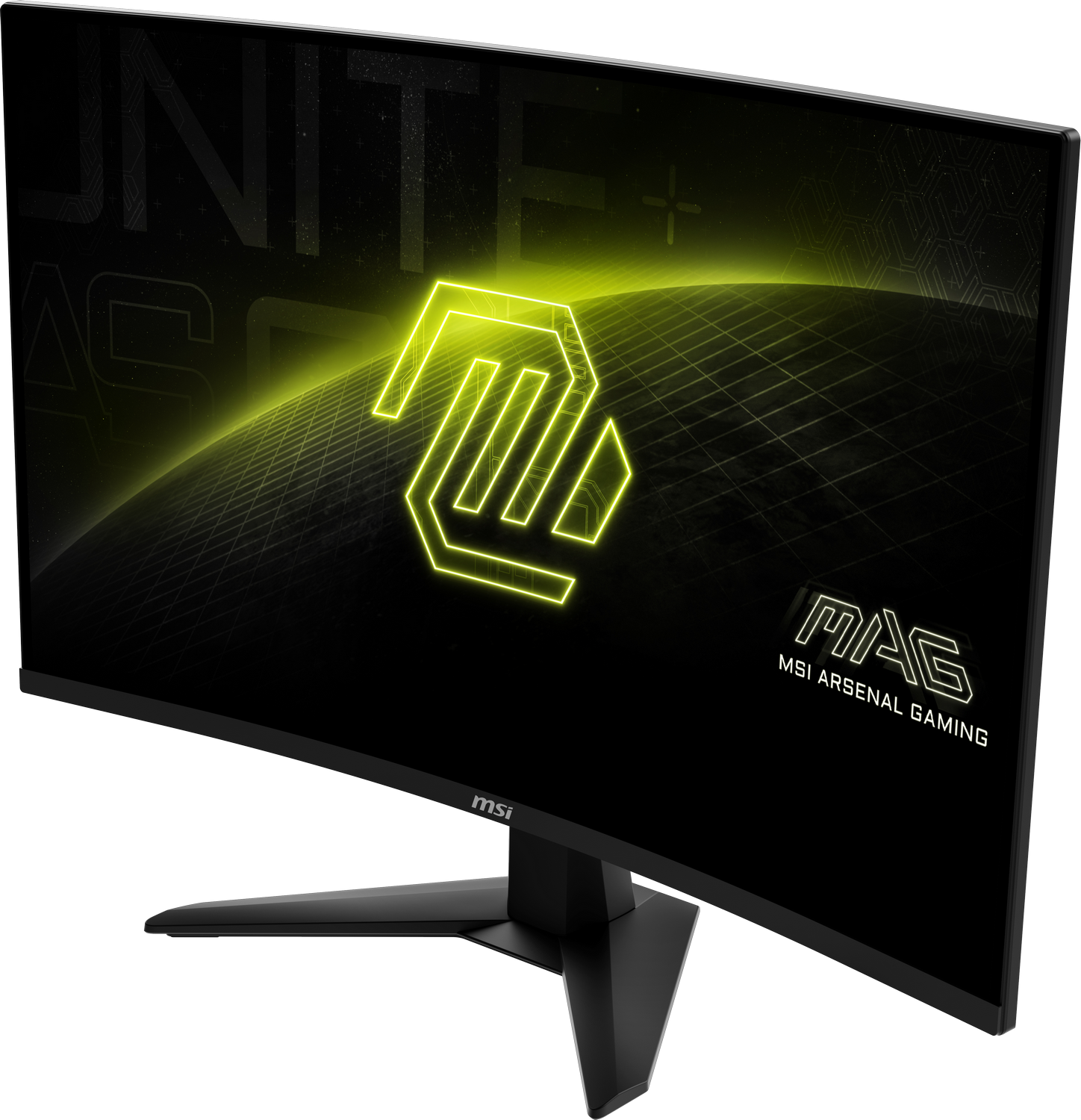 Monitor MSI con diseño geométrico amarillo. Base negra. Pantalla curva.