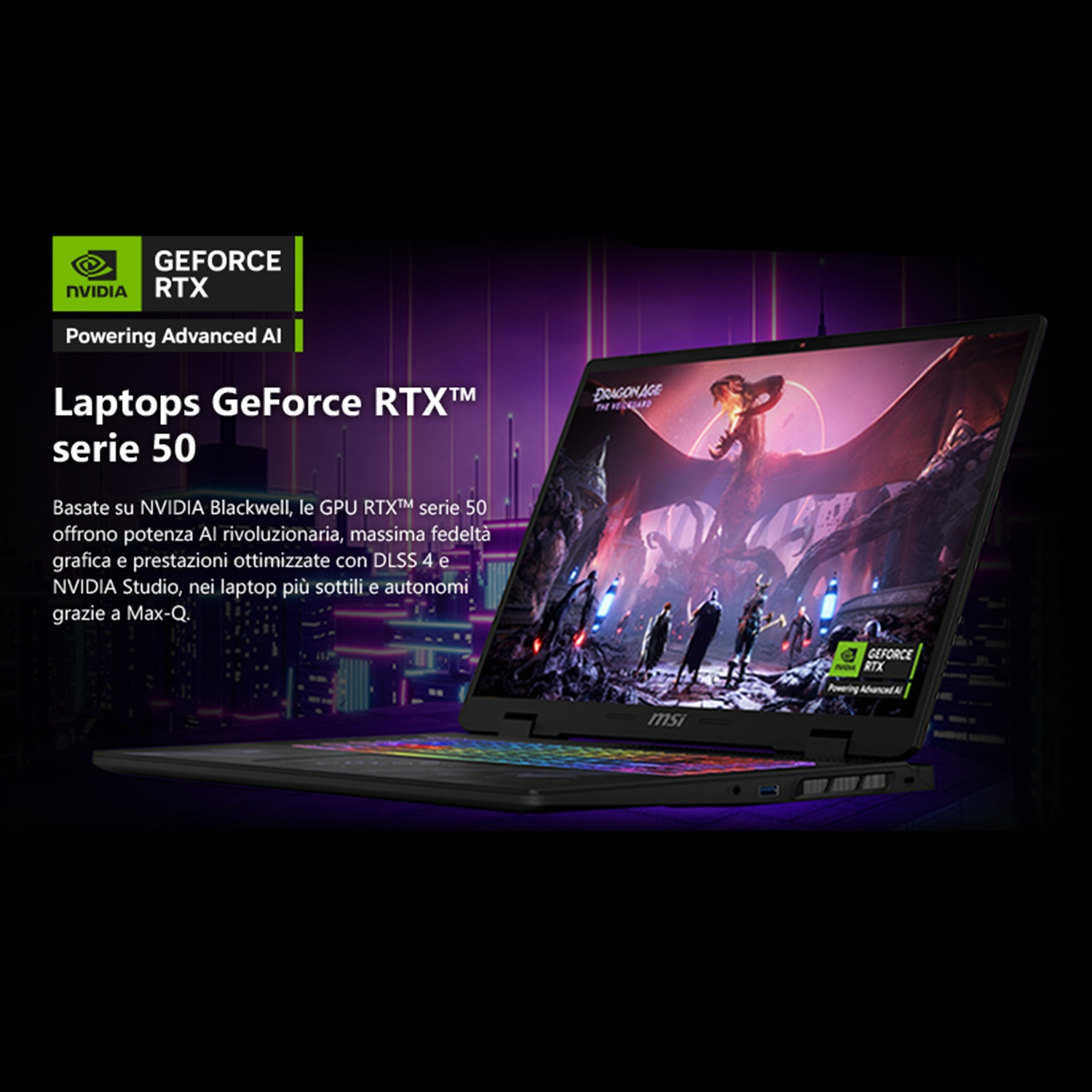 Laptop con un drago sullo schermo e logo NVIDIA GeForce RTX. Sfondo scuro.