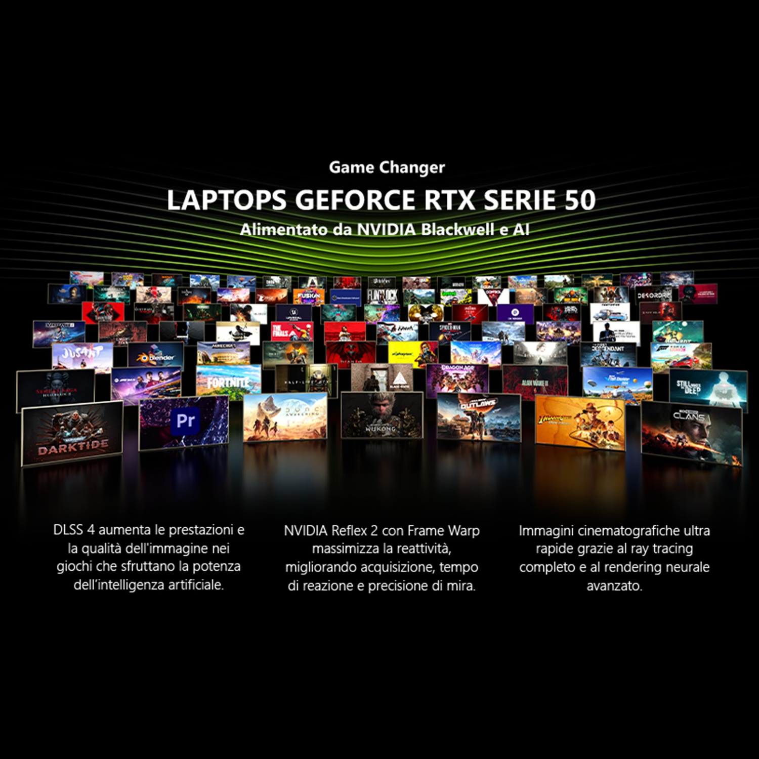 Schermate di gioco multiple e laptop NVIDIA GeForce RTX serie 50. Sfondo verde.