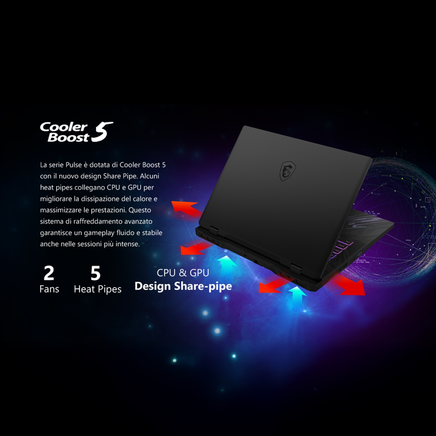 Laptop con tastiera illuminata di rosso, frecce rosse e blu intorno.