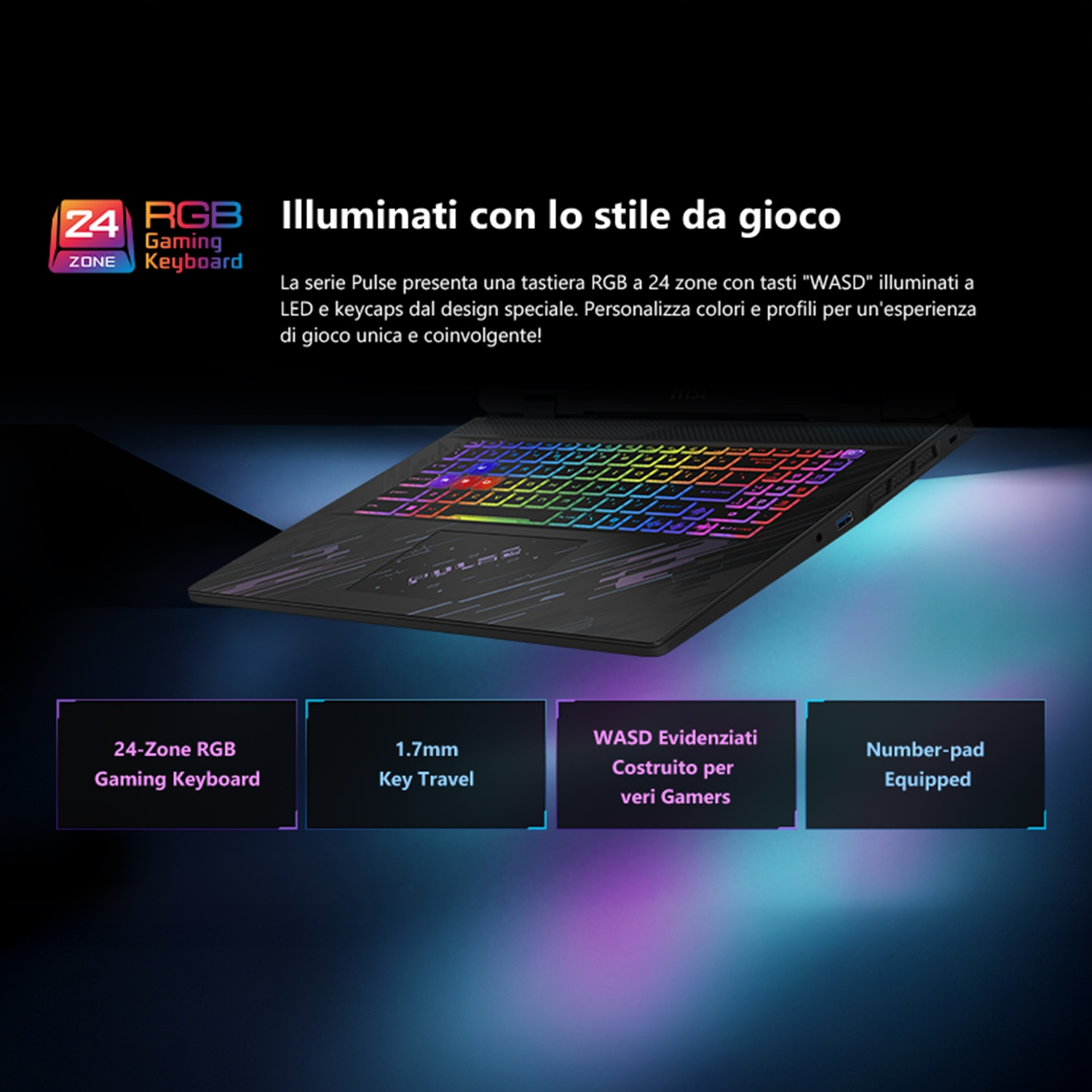 Laptop nero con tastiera RGB illuminata. Dettagli del prodotto mostrati.