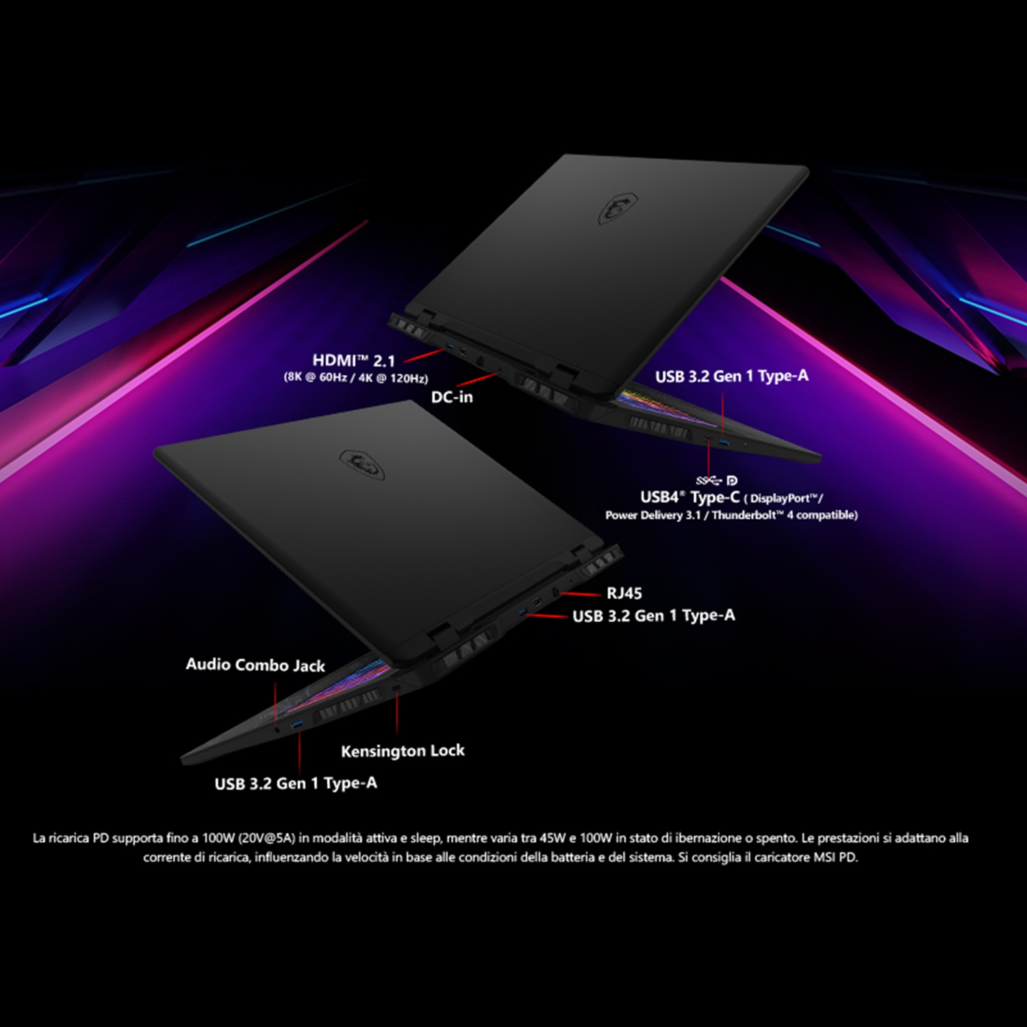 Laptop che mostrano le porte, tra cui HDMI, USB e jack audio. Neri e dettagliati.