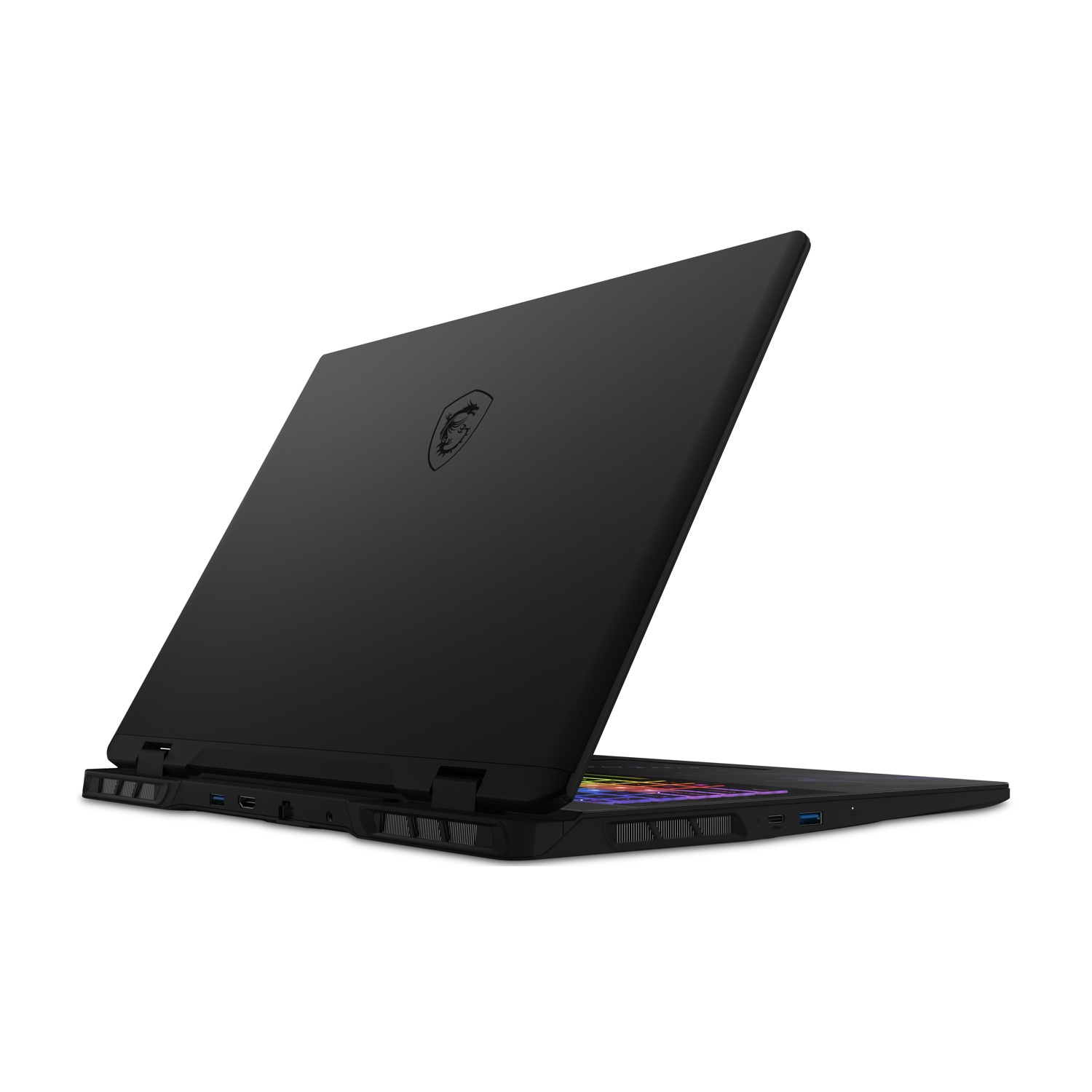 Laptop nero, chiuso, leggermente angolato, vista posteriore. Mostra il logo sulla cover.