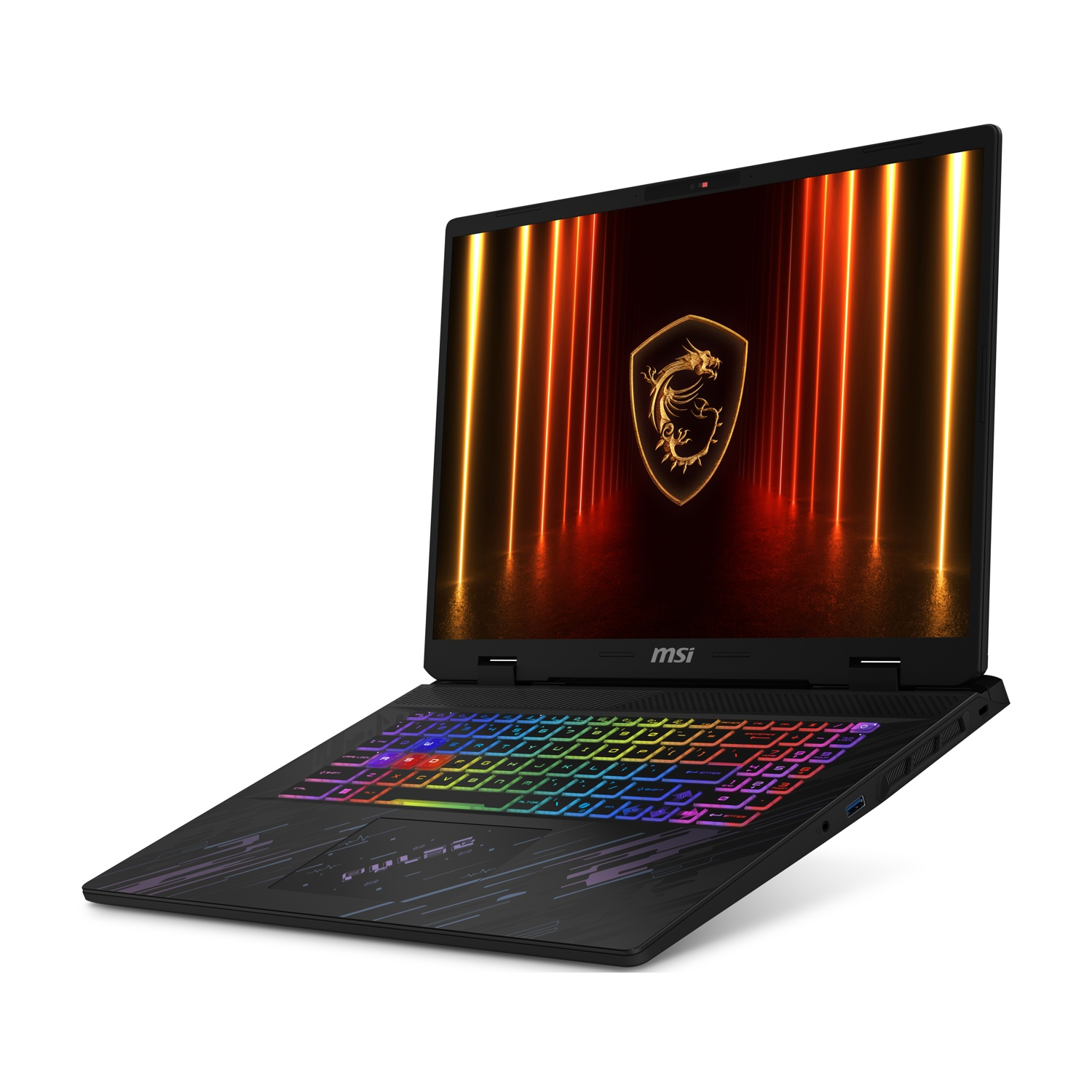 Laptop nero con schermo acceso con logo e tastiera RGB colorata.