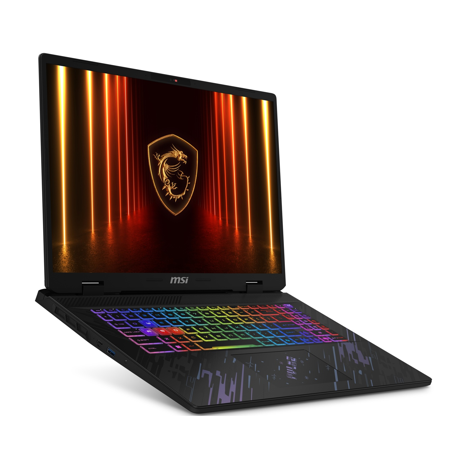 Laptop nero, aperto, angolato, che mostra lo schermo e la tastiera RGB. Sfondo bianco.